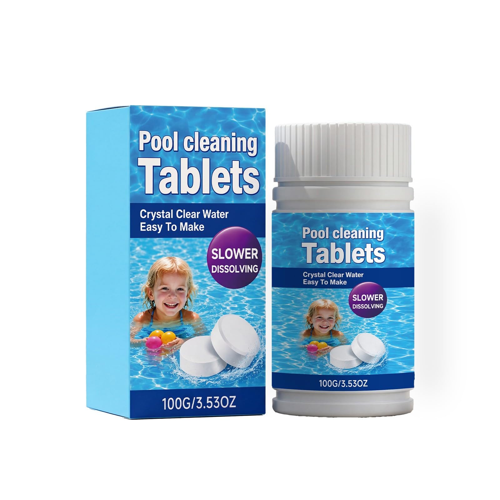 Chlorinec Tablets for Swimming Pool, Paddling Pool Cleaner, 100G Pool Cleaning Tablets, Multifunction Chlorine Cleaning Tablet, Purify Tablets Keep Water Clean and Clear (A)