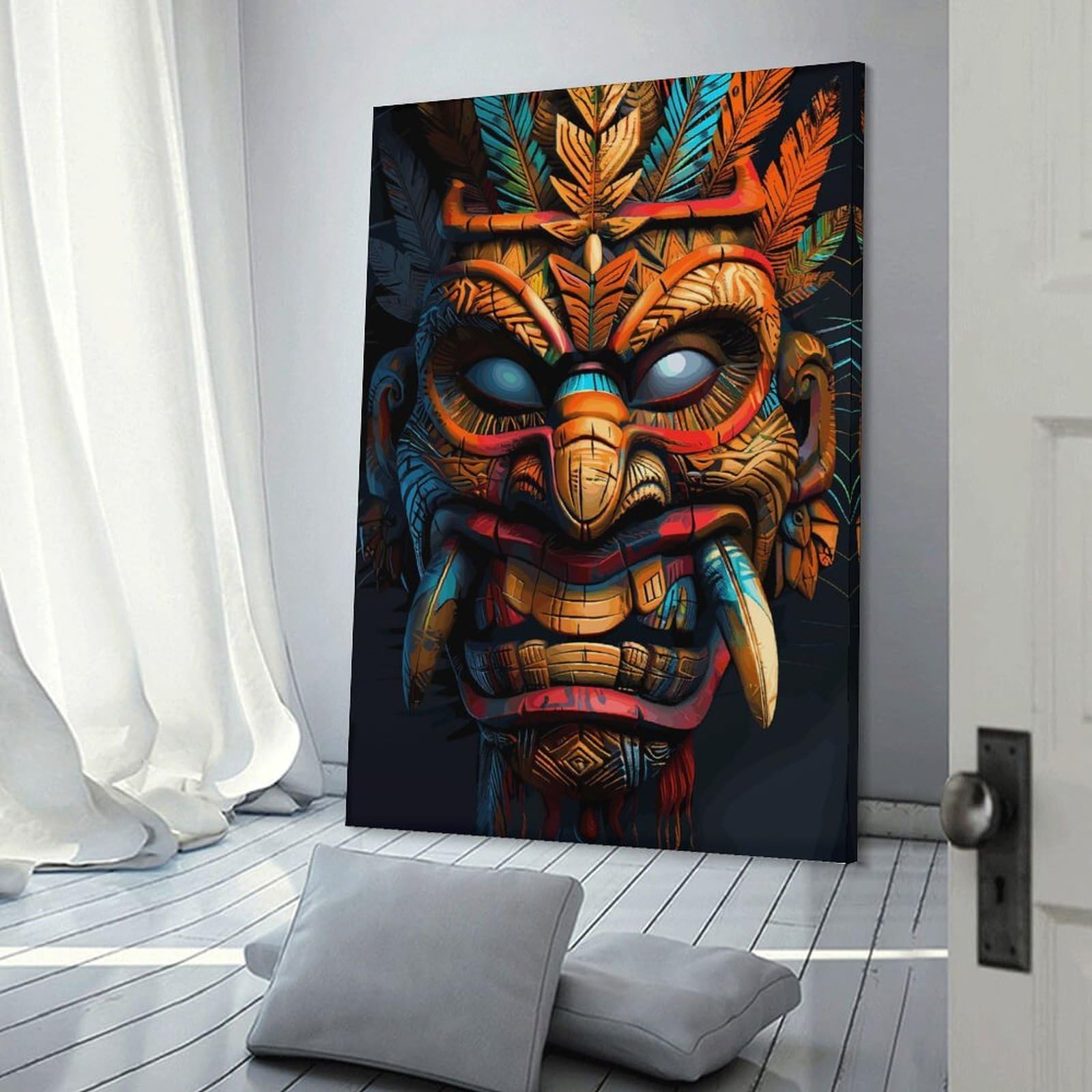 Junmoney Indigenous Tribe Tiki Mask Canvas Wall Decor, 20x30inch(50x75cm), for Home Lounge, Bedroom Or Reading Nook, Modern Wall Decor for Cosy Interiors