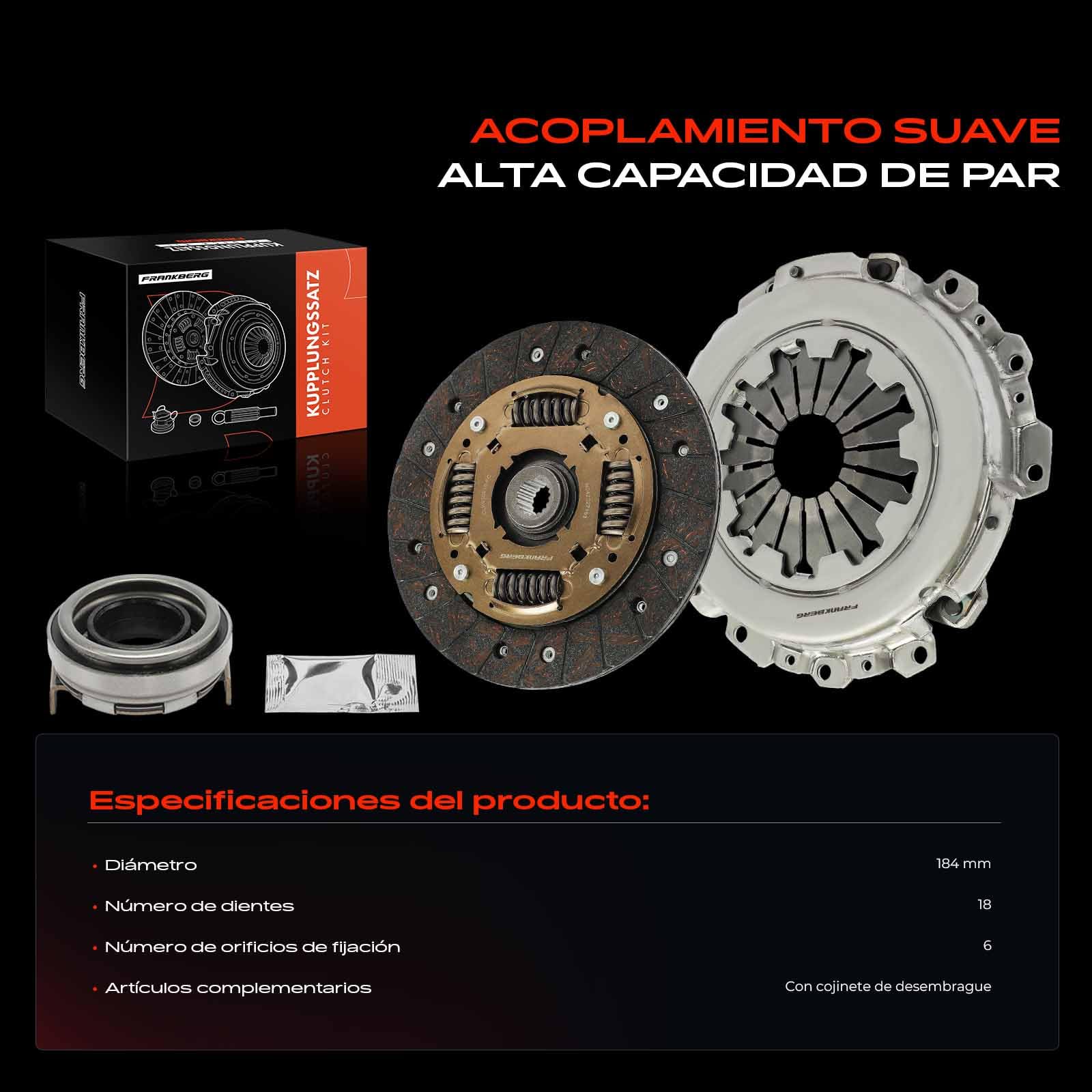 Frankberg Kit de embrague con cojinete de desembrague 96343030 | Compatible con: Kalos KLAS, Chispa, Aveo/Kalos Hatchback T250 T255, Aveo/Kalos Saloon T250 T255, Matiz M200 M250