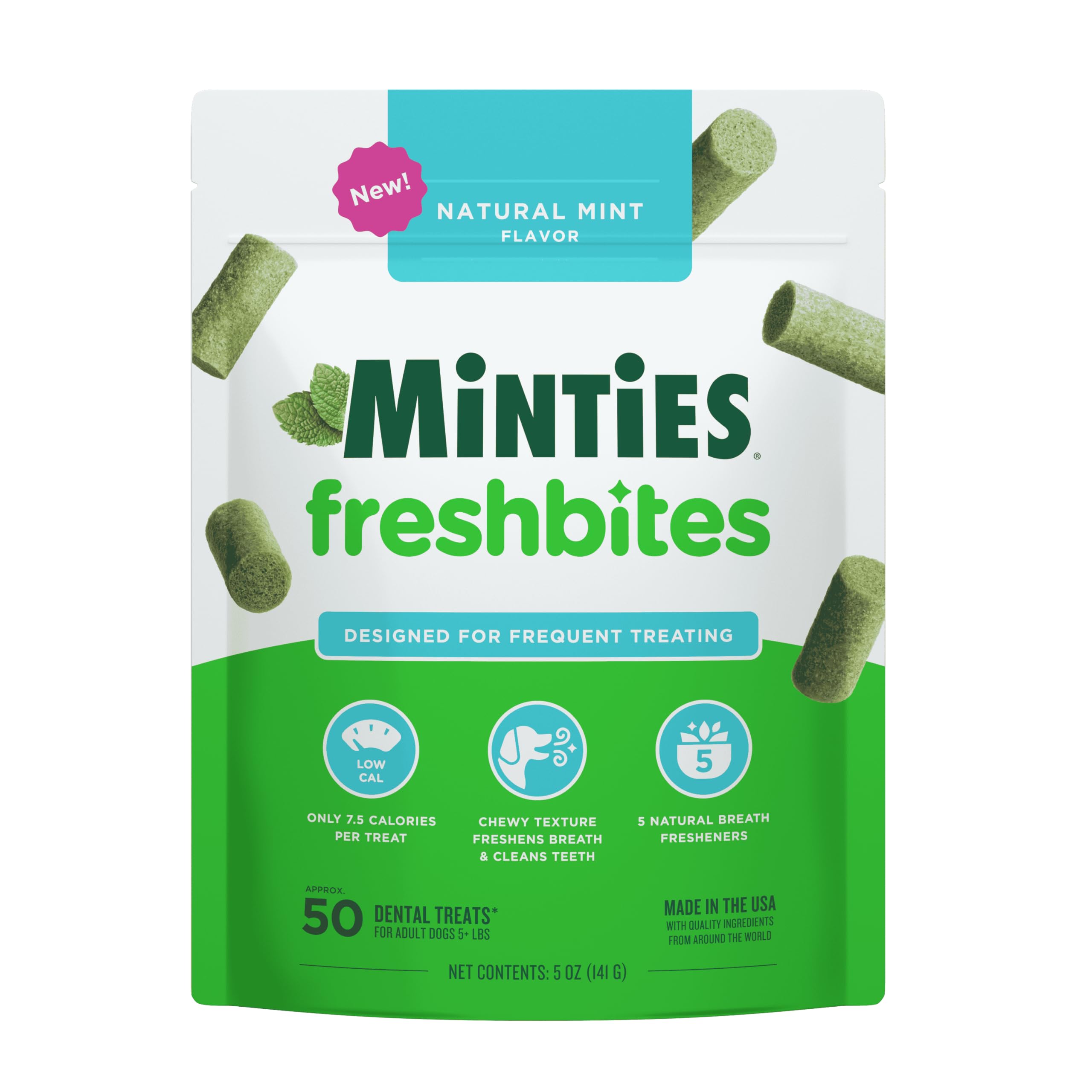 Minties FreshBites Soft and Chewy Dental Treats for Dogs, Low Calorie Natural Mint Flavored Dental Chews for Dogs, 50 Count, Chews Clean Teeth, Fight