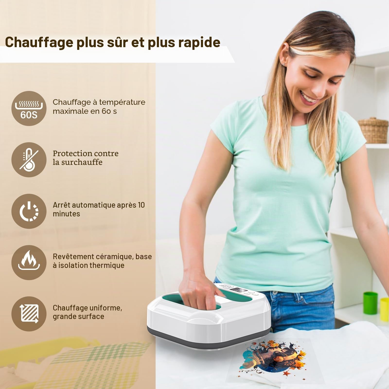 Presse a Chaud Textile,Heat Press Machine 22.5cm*22.5cm,Mini Presse à Chaud avec Minuterie,Temperature Control,pour T-Shirts, Sacs Transfert de Chaleur