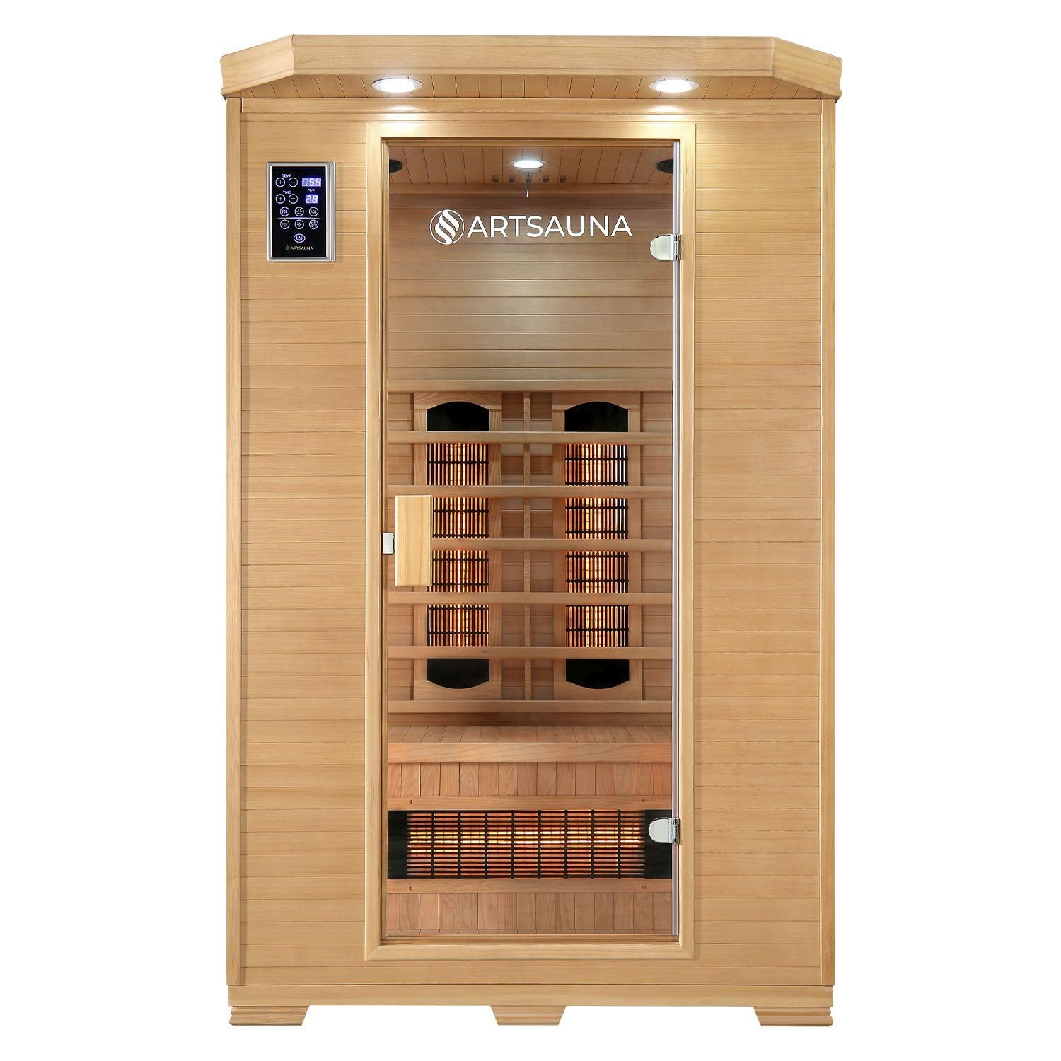 Artsauna Infrarotkabine Oslo - Wärmekabine Vollspektrumstrahler für 2 Personen - LED-Farblichttherapie - Infrarotsauna 120x100 cm aus Hemlockholz