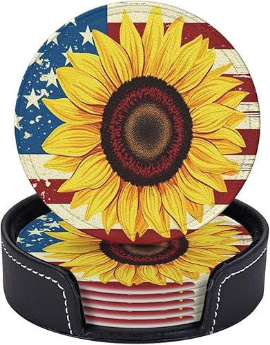 6 posavasos de cuero de madera con diseño de girasol en la bandera estadounidense para bebidas con soporte, juegos de posavasos para mesa de