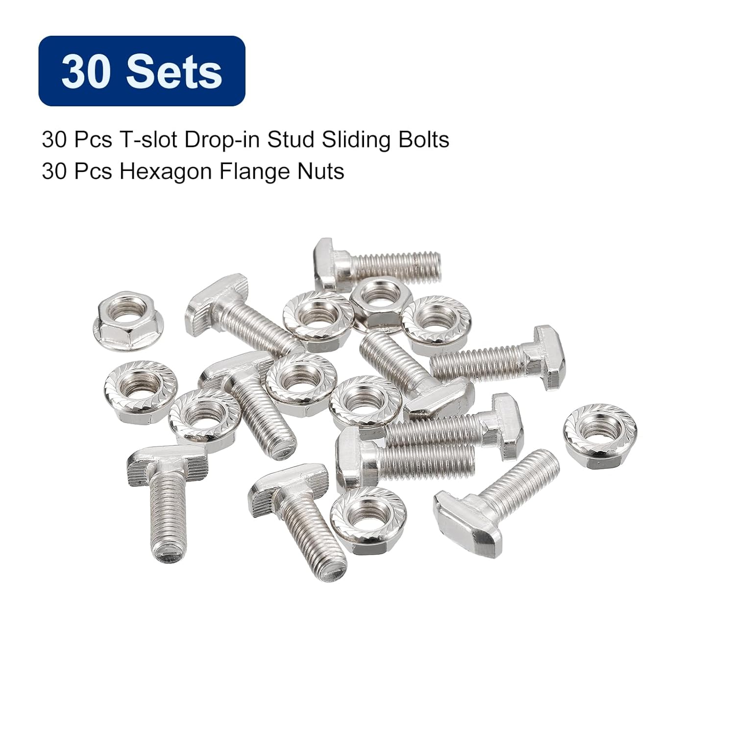uxcell M8x25mm T Slot Drop-in Bolt and M8 Hexagon Flange Nut Set, 30 Sets Hammer Head T-Bolt T Shape Stud Sliding Screw for 40 Series Aluminum Profile