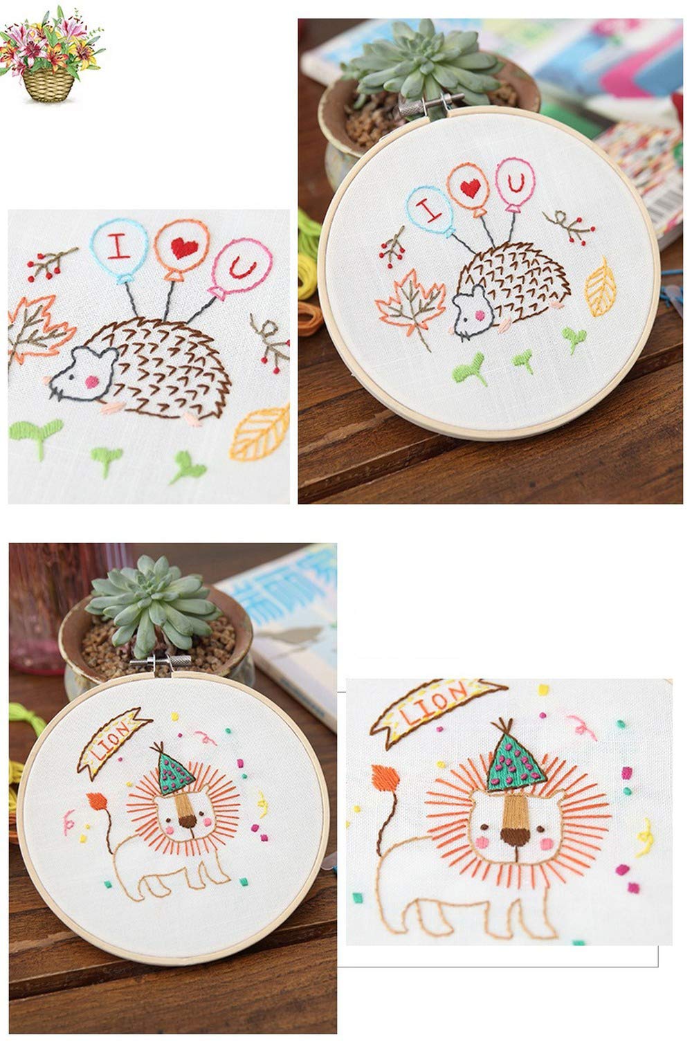 Kit per ricamo a punto croce, per principianti, kit per ricamo fai da te, fai da te, motivo animale, con fiori tridimensionali, 15 x 15 cm (set da 7 pezzi)