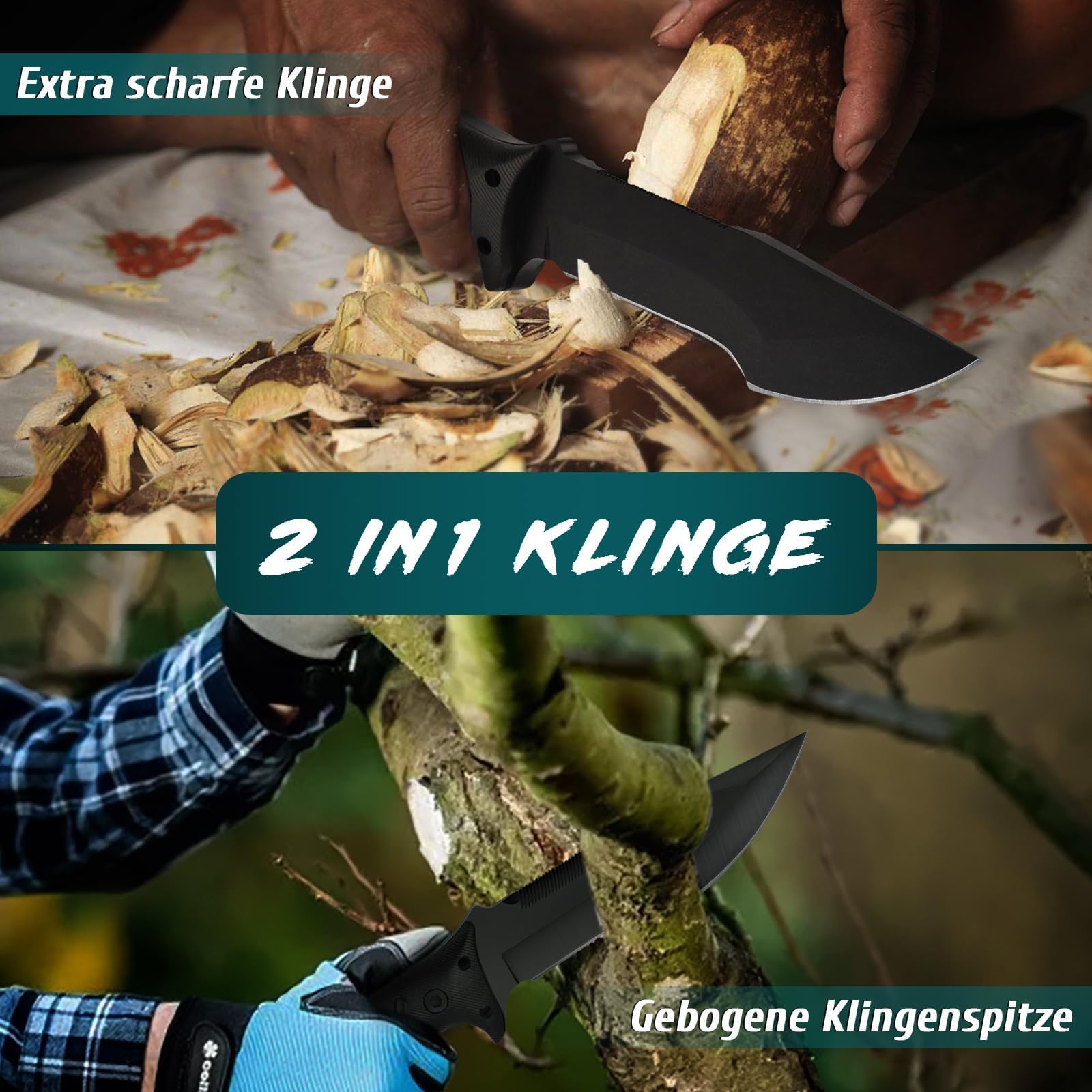 Golden Bird Outdoor Messer Survival Schwarz 2 IN 1 Jagdmesser Feststehende Klinge mit Oxfordscheide - 58HRC 9CR18MOV Stahl Bushcraft Messer Full Tang Survival Messer mit säge - Geschenke für Männer