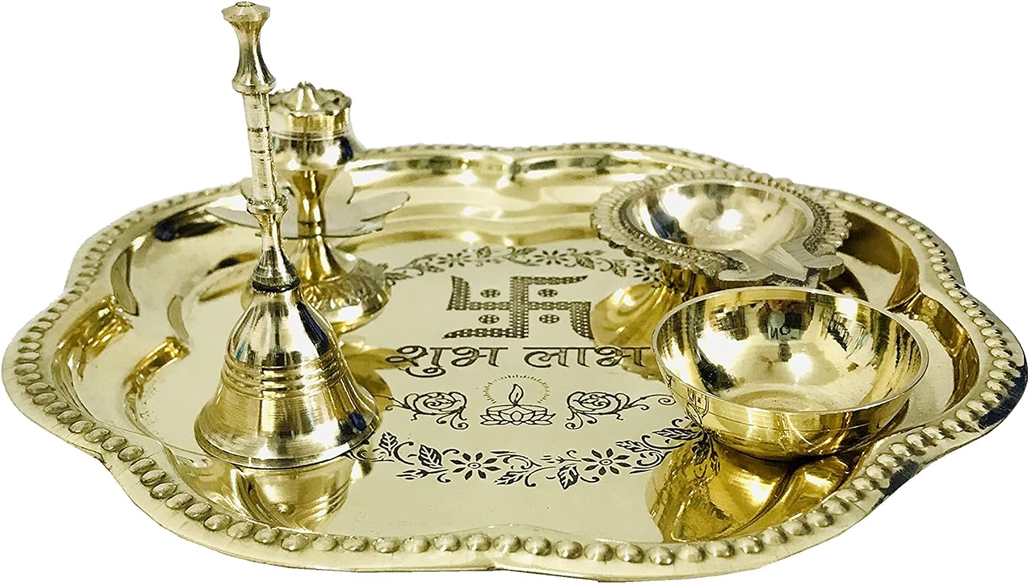 Brass Pooja Plate thali Set Indian swastik shubh labh for Diwali Pooja Home Temple Mandir Navratri Puja thali Set of 5 pcs Housewarming Thanksgiving Gift Blue Box Heart - 8.5 inch