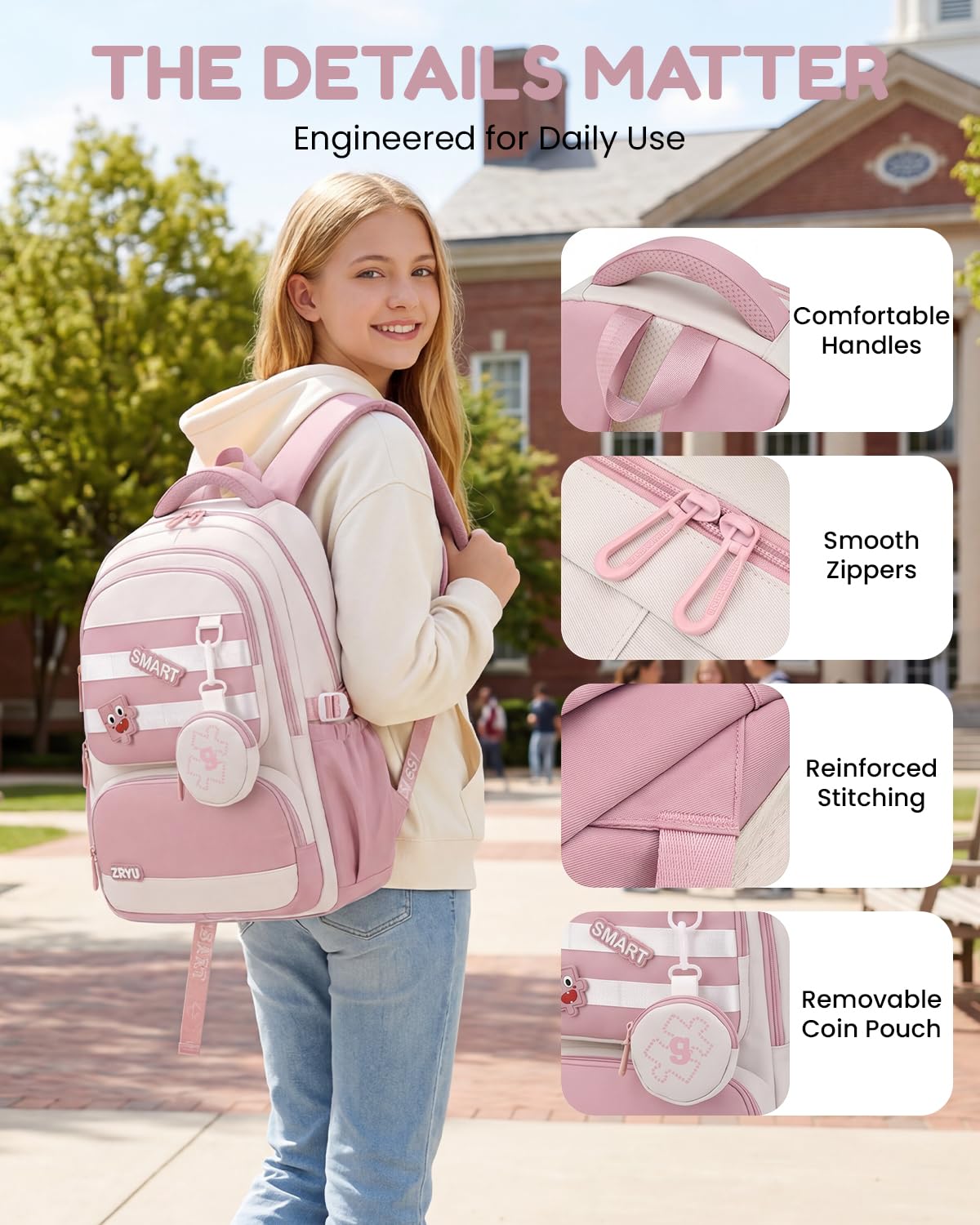 Amythe Schulrucksack für Mädchen Teenager, Großer Rucksack Schule mit 15,6" Laptopfach, Leichte Wasserdichter Schultasche Mädchen 3.-9. Klasse, Lässiger Tagesrucksäcke, Rosa
