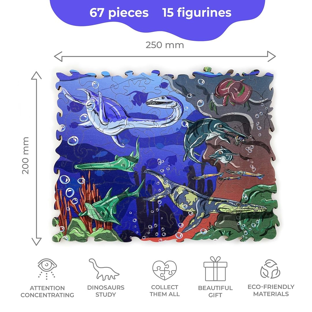 Ulanik Puzzle In Legno Dinosauro Acquatico 67 Pezzi - Gioco Educativo Per Bambini 3+ Anni