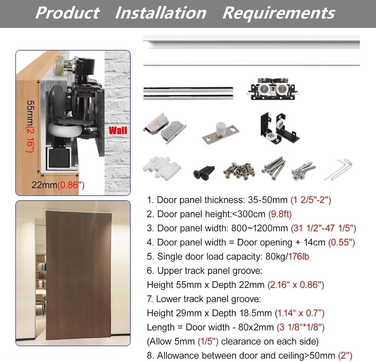 36 32 38 40 42" Concealed Sliding Barn Door Hardware Kit,Heavy Duty Hidden Barn Door Track System for Interior Wooden Doors, Quiet Smooth Slide Cut to Size(L-36.2in/92cm)