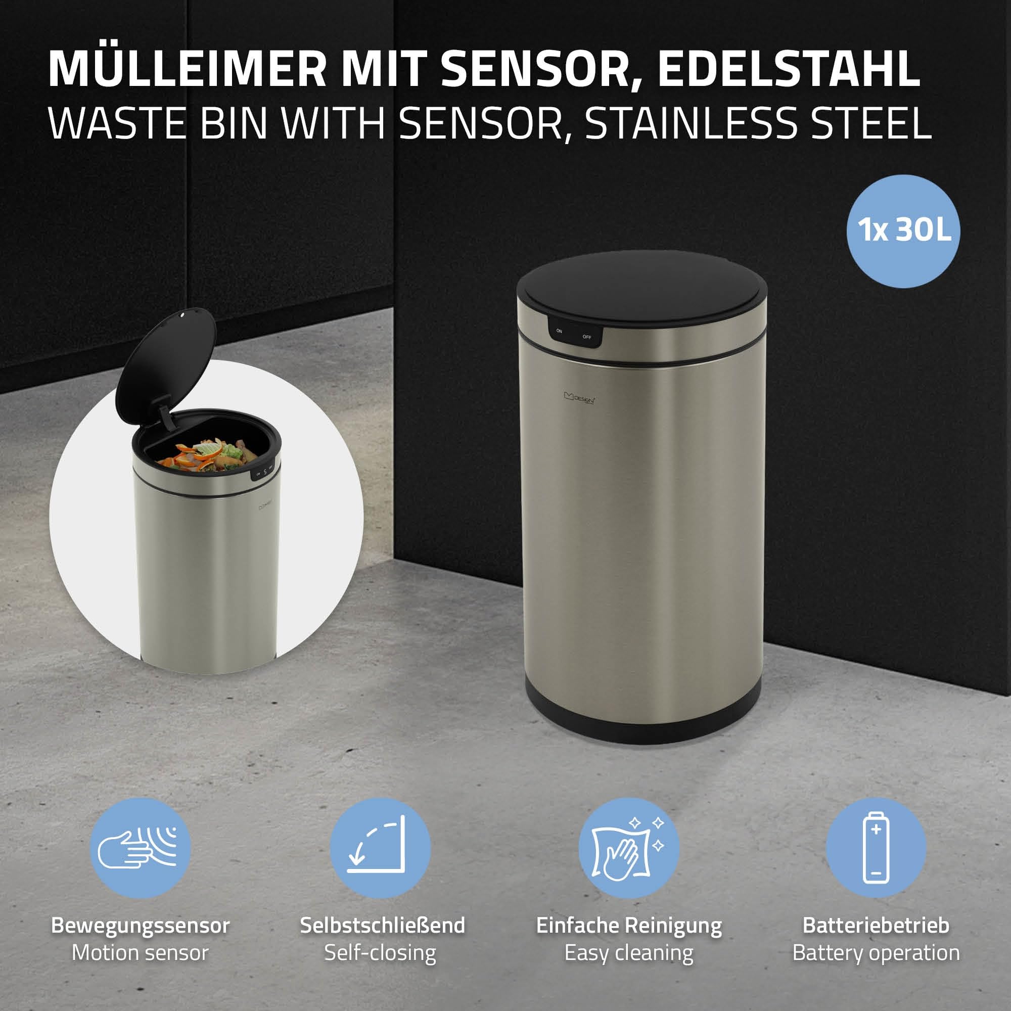 ML-Design Mülleimer mit Sensor 30L rund aus Edelstahl, Silber, Automatisches Öffnen & Schließen, Abfalleimer berührungslos, Klemmring für Müllbeutel, Müllbehälter mit Bewegungssensor für Küche & Büro