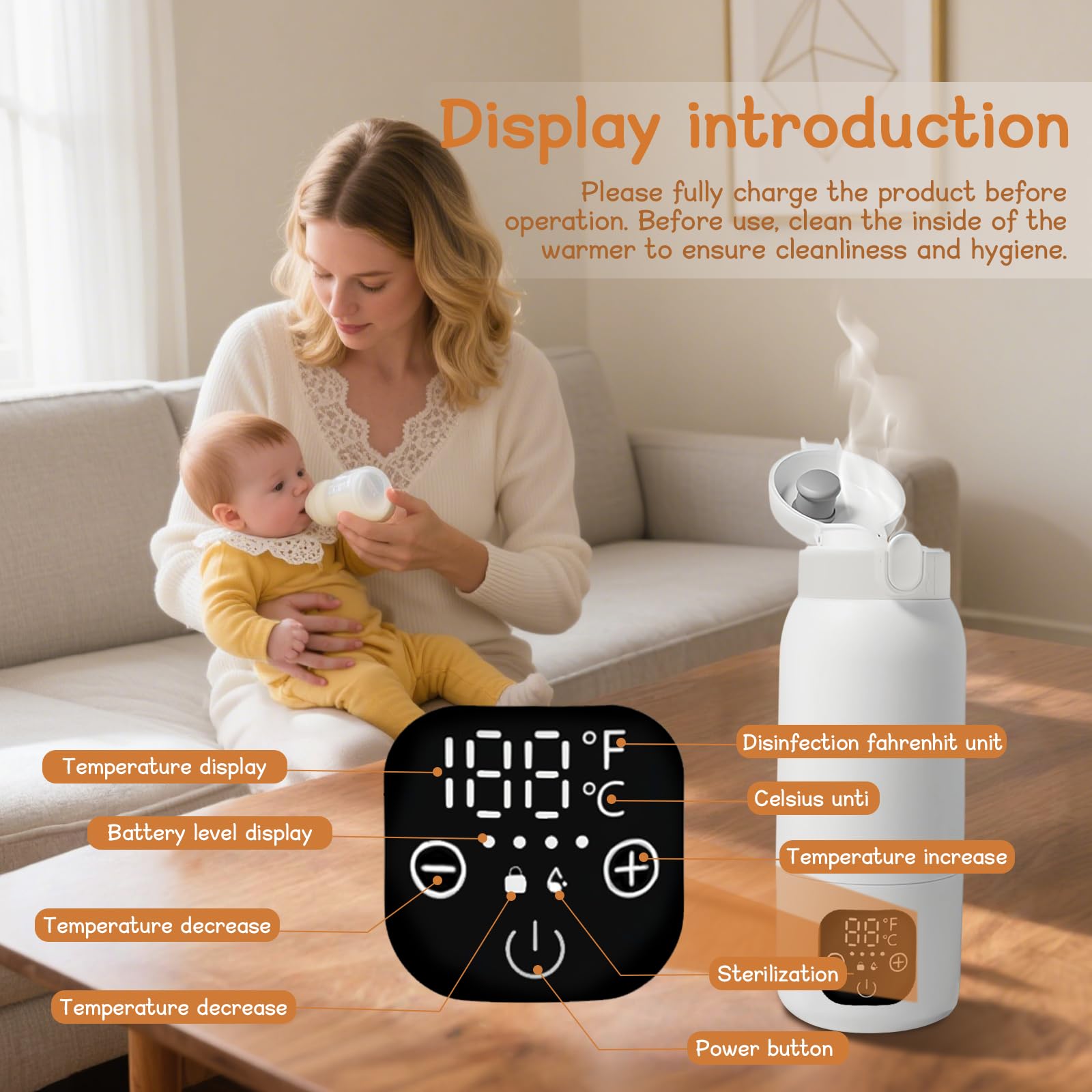 Baby Flaschenwärmer, Fast Baby Milk Bottle Warmer, Temperaturkontrolle 35~70 °C mit Digitalanzeige, Schnelles Aufheizen und Lange Akkulaufzeit 11000mAh, 500ml Kapazität für Reisen & Nachtfütterung