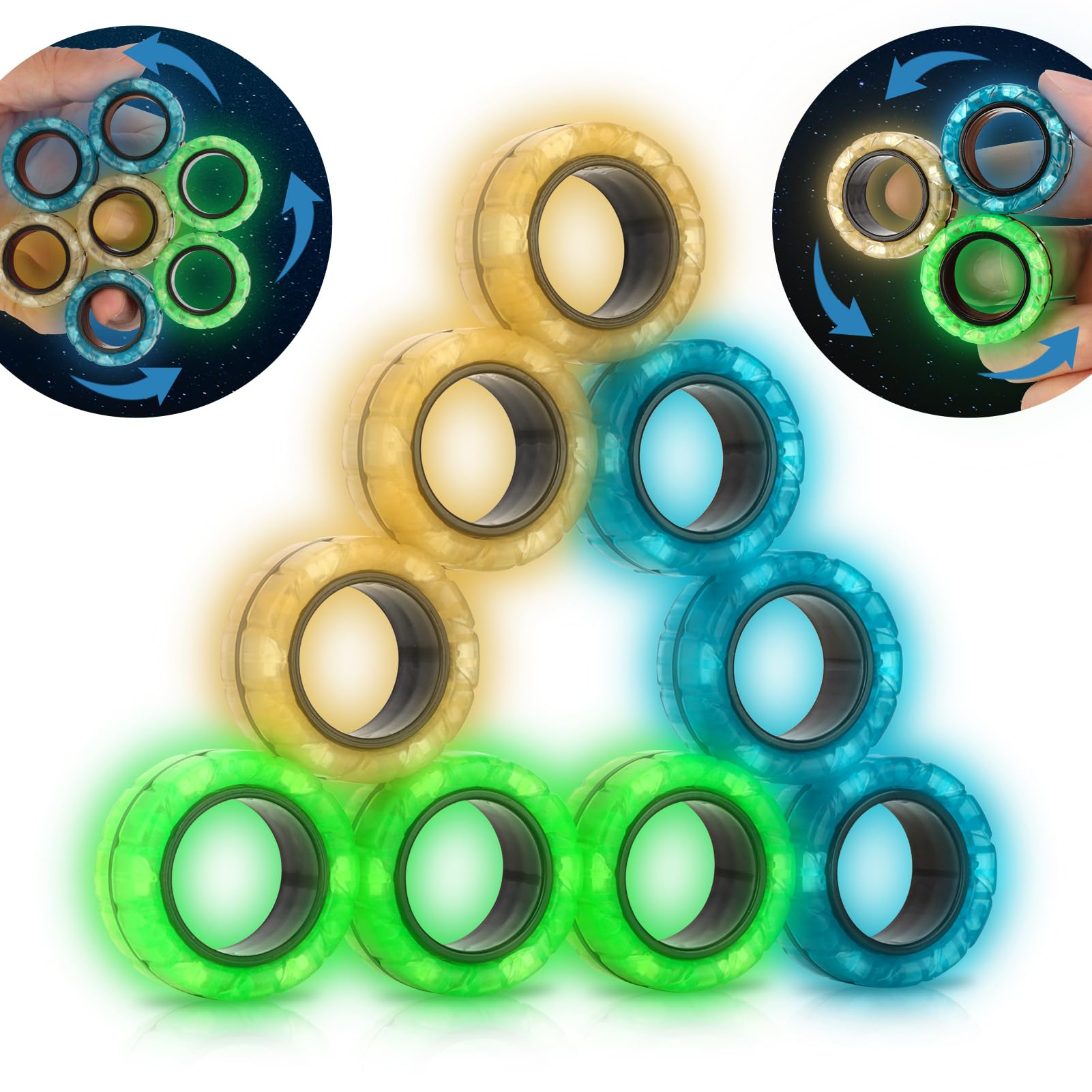 Magnetic Rings Finger Fidget Toys Set 9pcs Glow In Dark - Main Image