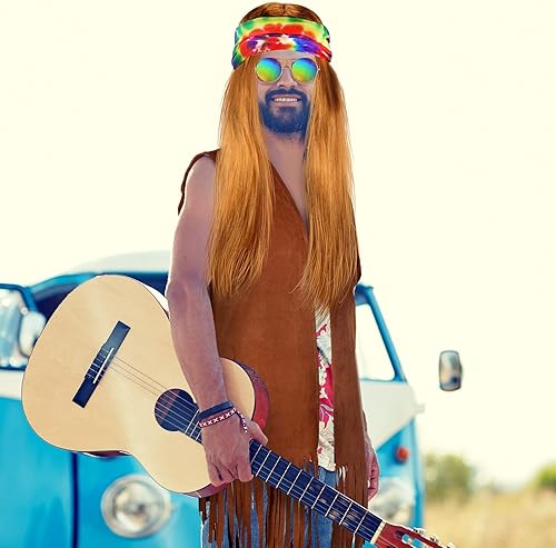 Miniatura 6 de SATINIOR Disfraz hippie de los años 60 y 70 para hombre, con flecos, tela de gamuza, chaleco hippie para Halloween, carnaval, Mardi Gras, fiesta de