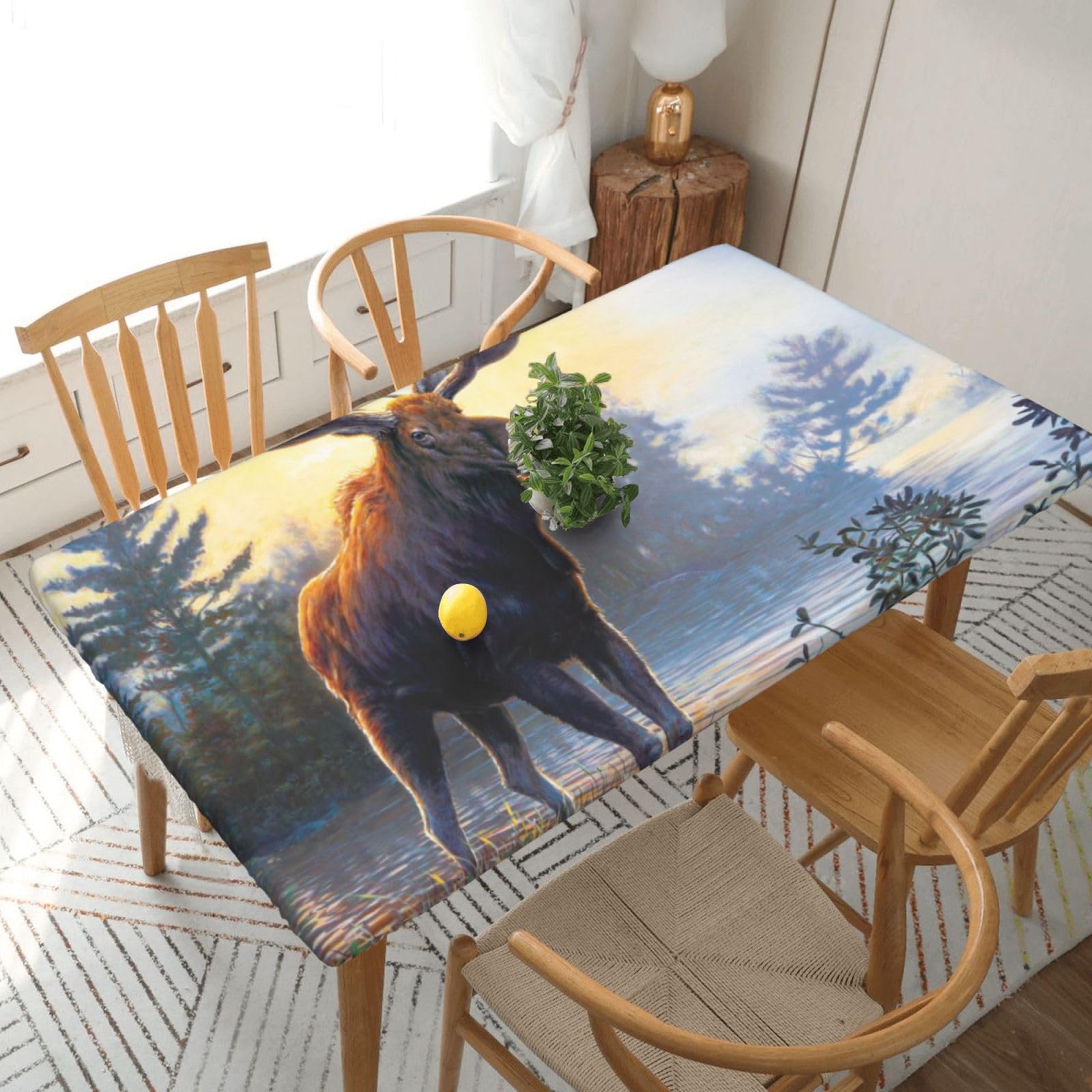 DCEHGEW Elastic Fitted Rectangle Tablecloth for 5ft Tables, Moose Deer Printed Oilproof & Washable Fabric Picnic Table Cloth Table Covers