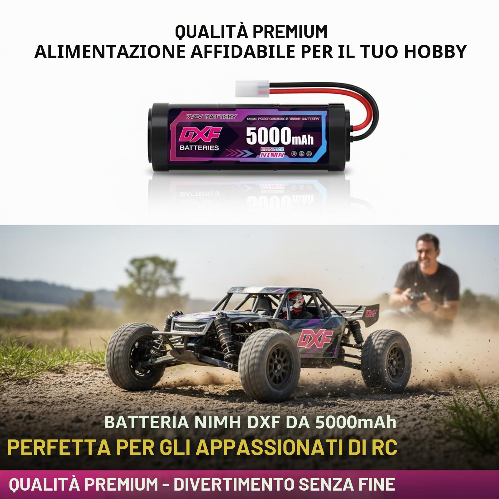 DXF Batteria NiMH 7.2V 5000mAh Ricaricabile Spina Tamiya Deans Compatibile Auto RC 1/10 Truck Barca Aereo Elicottero Fuoristrada Nessun Effetto Memoria 2 Pezzi