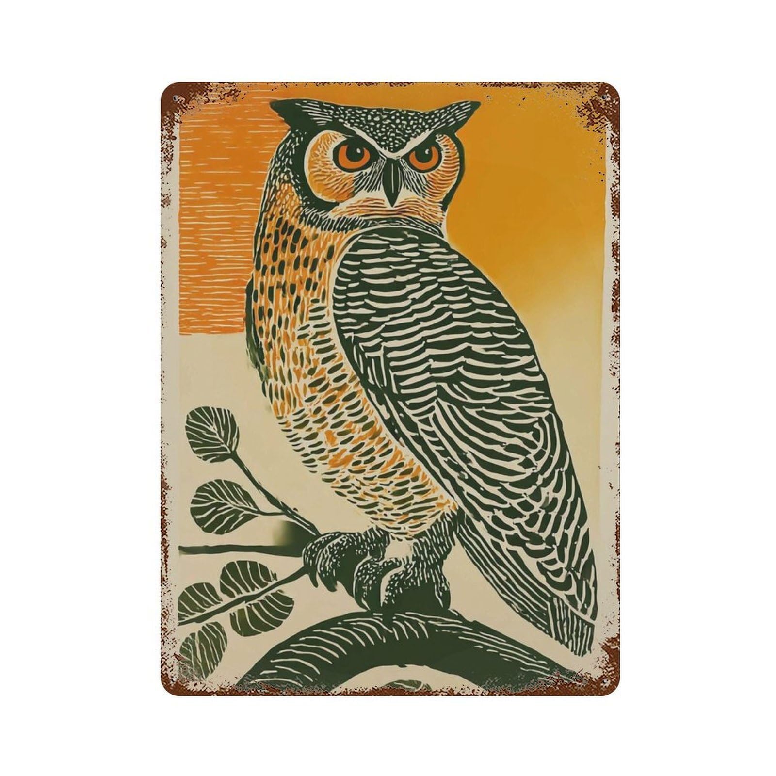xiaoxiaoshen Great Horned Owl Bold Orange Green Bird Linocut Style Woodland Animal Wall Decor Art Metal Tin Poster Modern Home Decor Art Home Bar Shop Decorations Vintage Sign 40x30cm