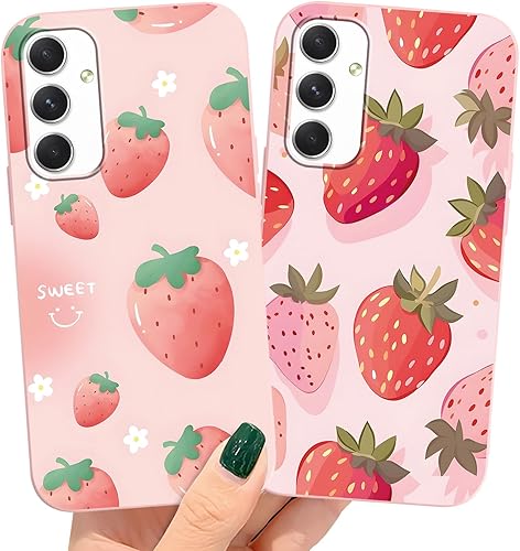 Miniatura 8 de Paquete de 2 fundas de teléfono con patrón de fresas para Samsung Galaxy A54 5G de 6,4 pulgadas, bonito diseño estético, funda estampada con TPU