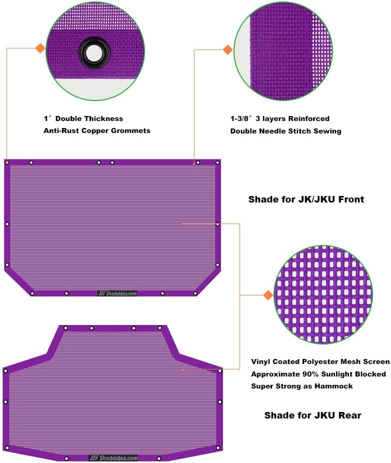 Shadeidea JK Sun Shade Top Compatible with Jeep Wrangler JKU Top Sunshade Soft Mesh Roof Cover (2007-2018)- Wind Noise UV Blocker -10 Year Warranty -4 Door -Purple -Front&Rear (2 pcs)