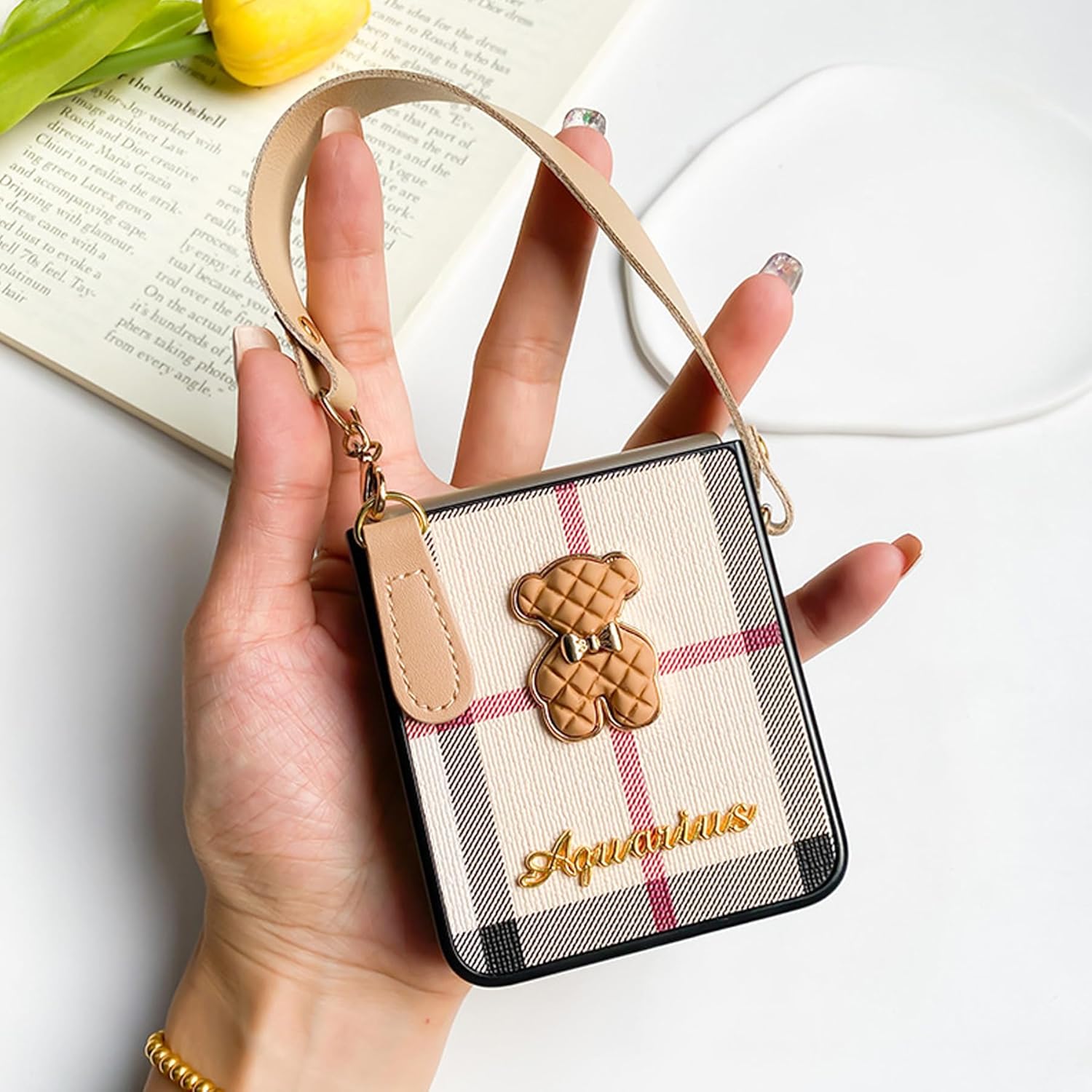 for Motorola Razr 2023 Case with Strap Cute Bear Design Slim Premium PU Leather Moto Razr 2023 Phone Case Shockproof Protective Case for Razr 2023