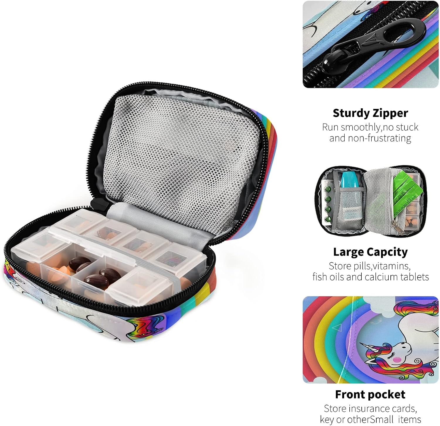 Qilmy 7 Days Pill Case with Zippered Bag,Dream Unicorn Pill Organizer,Pill Box for Vitamin/Fish Oil/Pills/Supplements Medicine Case,Contains 8 Medicine Box