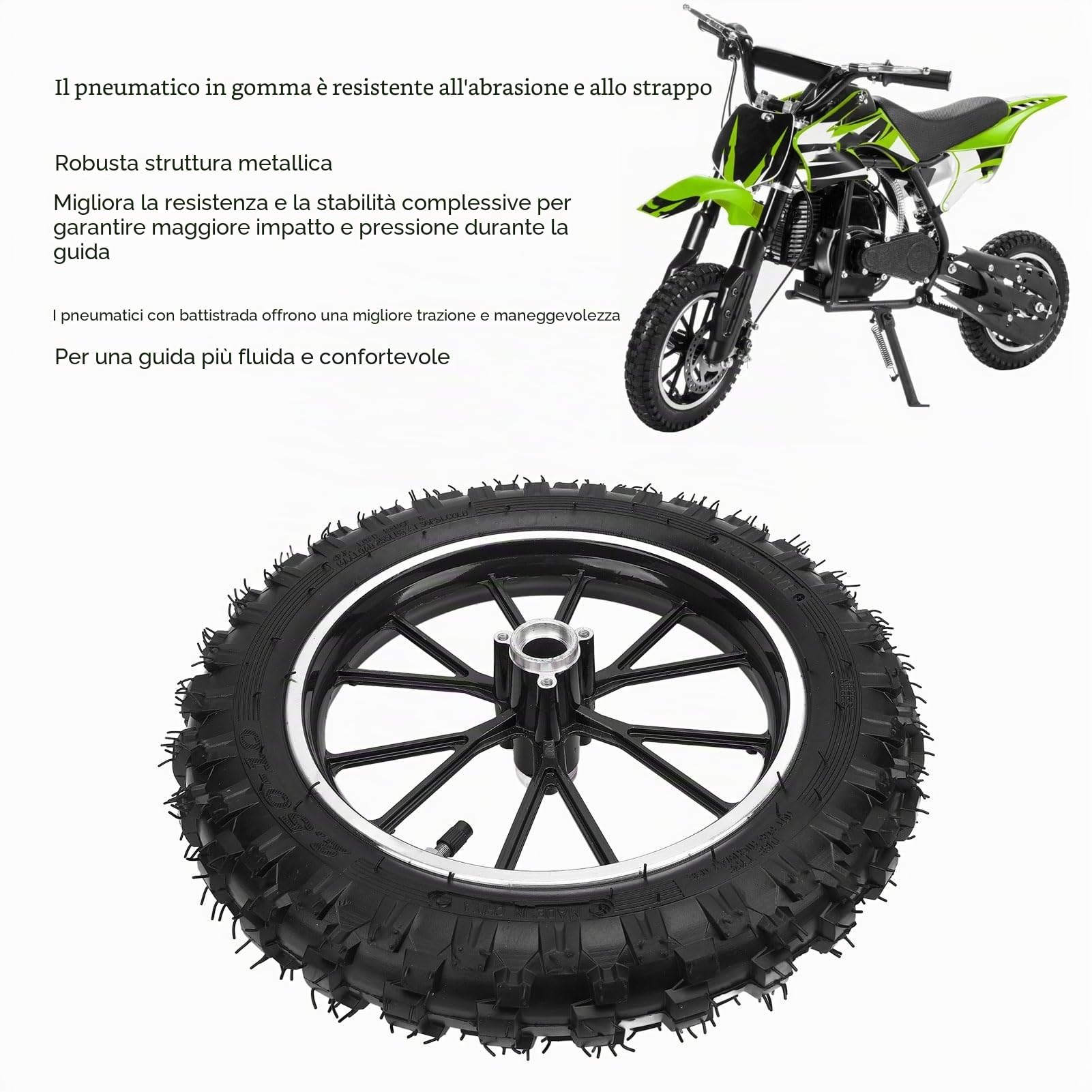 Pneumatico Ruota Anteriore 2.5-10 con Camera D'aria, Gomma E Metallo 10 Pollici per Piccole Motociclette Fuoristrada 49, Parti Ricambio Cerchio Ruota Anteriore Posteriore (BLACK)