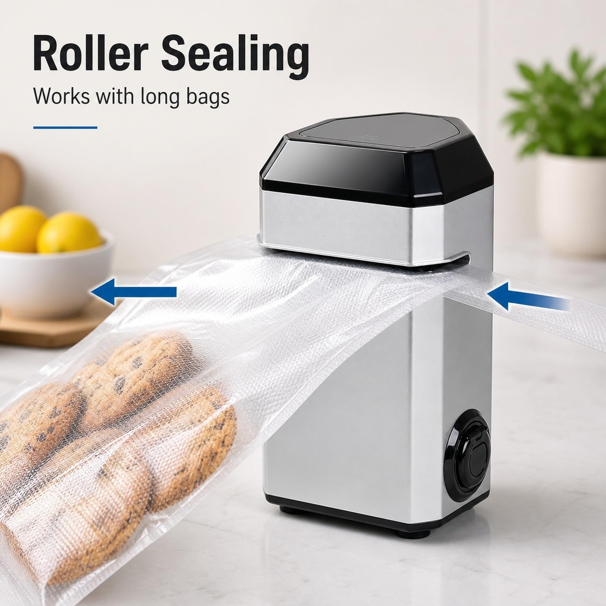 Food Vacuum Sealer Machine, 60 kPa Vertical Roller Seal | Silver Countertop Design, Food Storage Bags, Vacuum And Seal Modes, External Tube, 5 mm Seal Line(Black)
