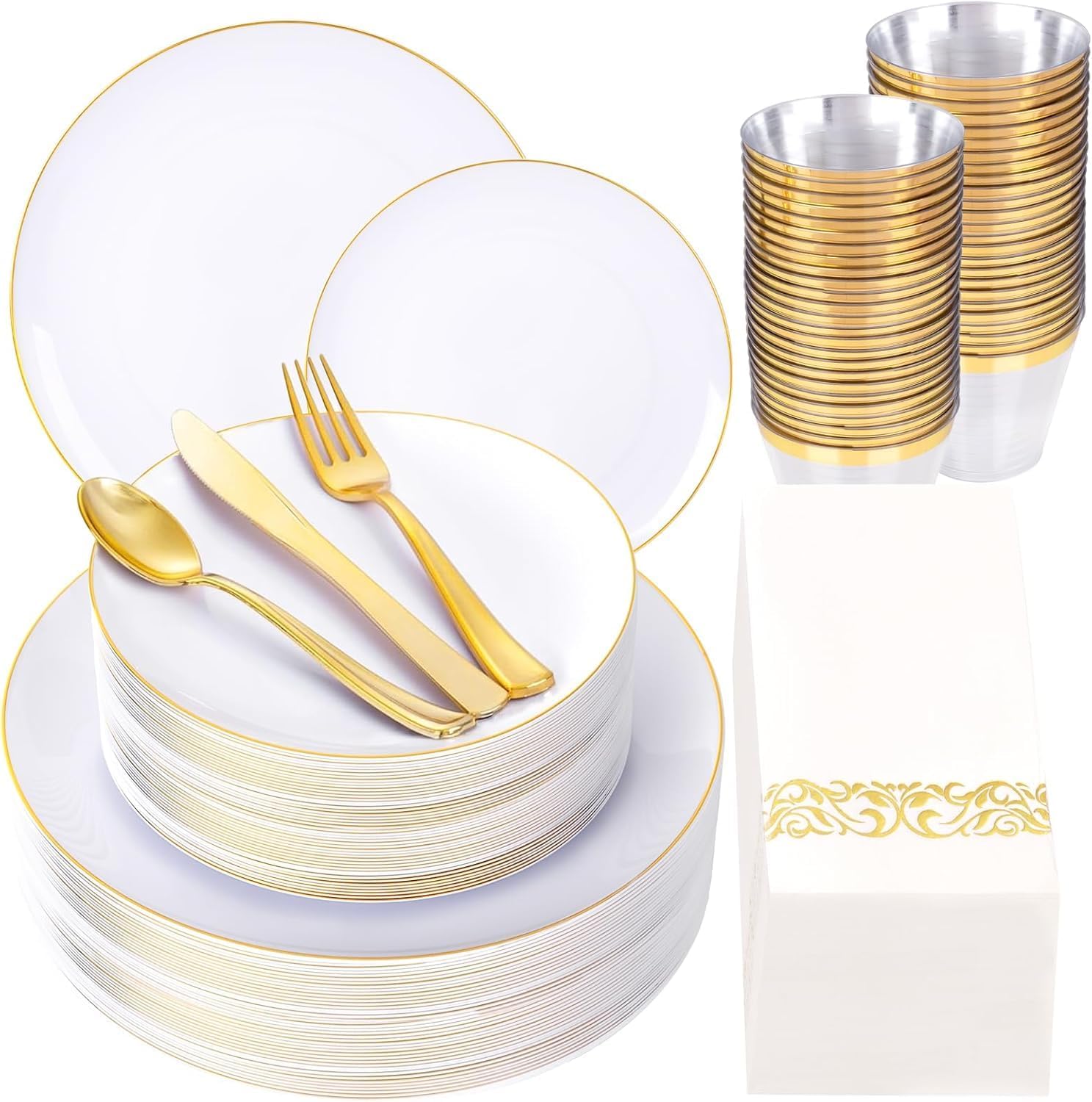 YOUBET 175PCS Gold Rimmed Plastic Plates - White and Gold Disposable Plates Includes 25 Dinner Plate, 25 Dessert Plate, 75Silverware, 25 Cups, 25 Napkins for Wedding & Party
