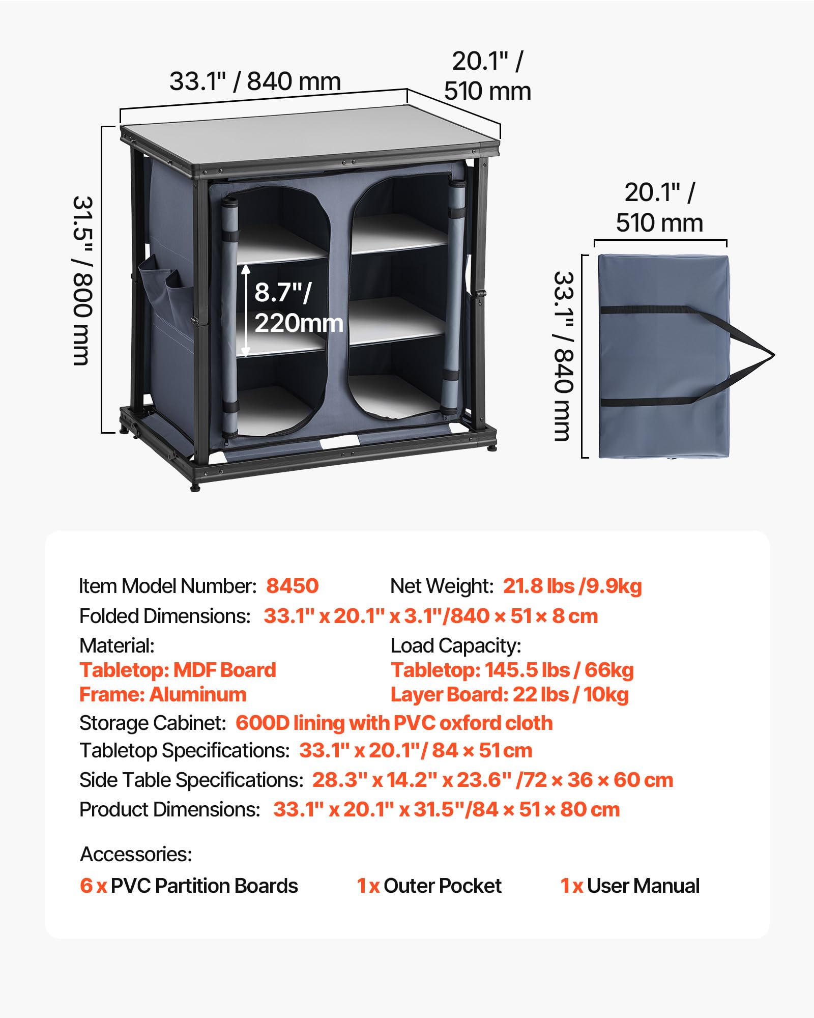VEVOR Klappbare Campingküche, Tragbarer Campingschrank mit 6 Ablagefächern, Außentasche & MDF-Tischplatte bis 30 kg Tragkraft, Küchenstation für Picknick, Grillen, Partys, Camping & Wohnmobilreisen