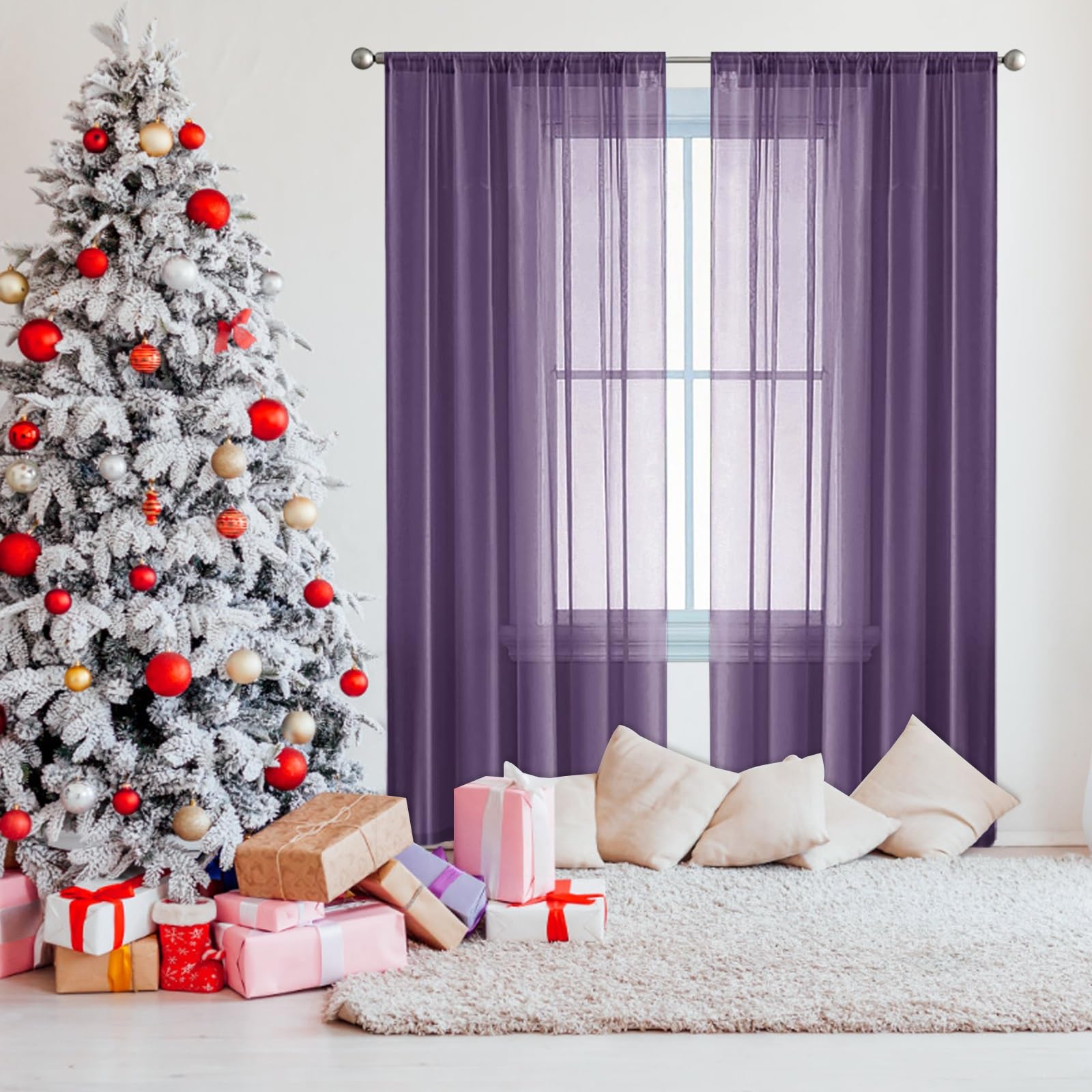 Voilage 230x270 cm effet lin pourpre pour salon et chambre