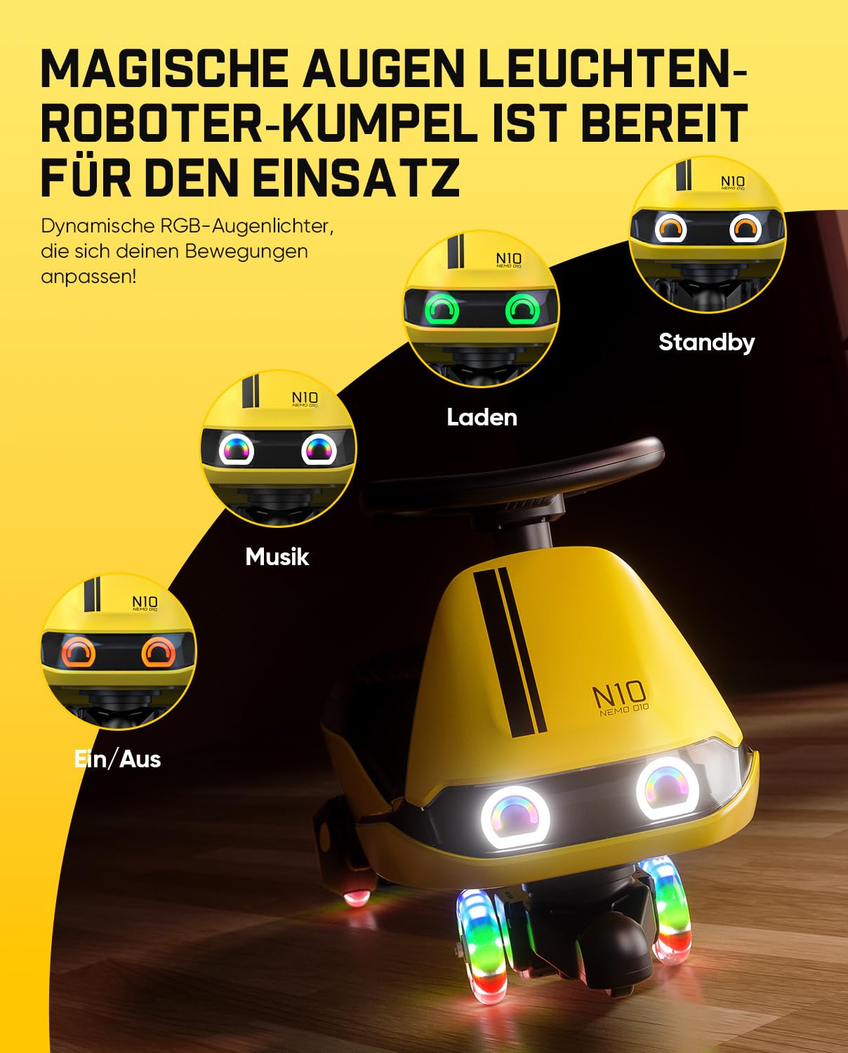 FanttikRide N10 Classic Elektroauto für Kinder ab 3 Jahren, Gelb | Kinderauto elektrisch mit Pedal & USB-C-Akku, Ein-Klick-Wischmopp, GlideWiz, Kippschutz, blinkende Räder, Bluetooth, bis 68kg