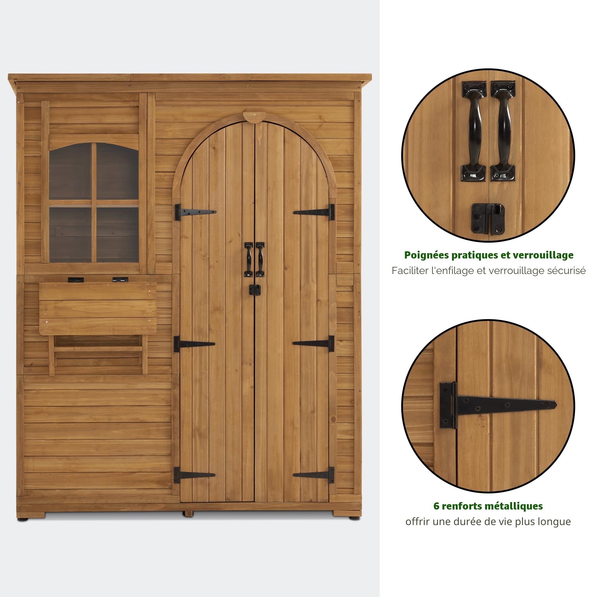 M MCombo Armoire de Jardin Armoire à Outils en Bois résistante aux intempéries, abri de Jardin Outdoor étanche praticable, pour l'extérieur Balcon terrasse, 3 réglable 73×144×185 cm (Nature)