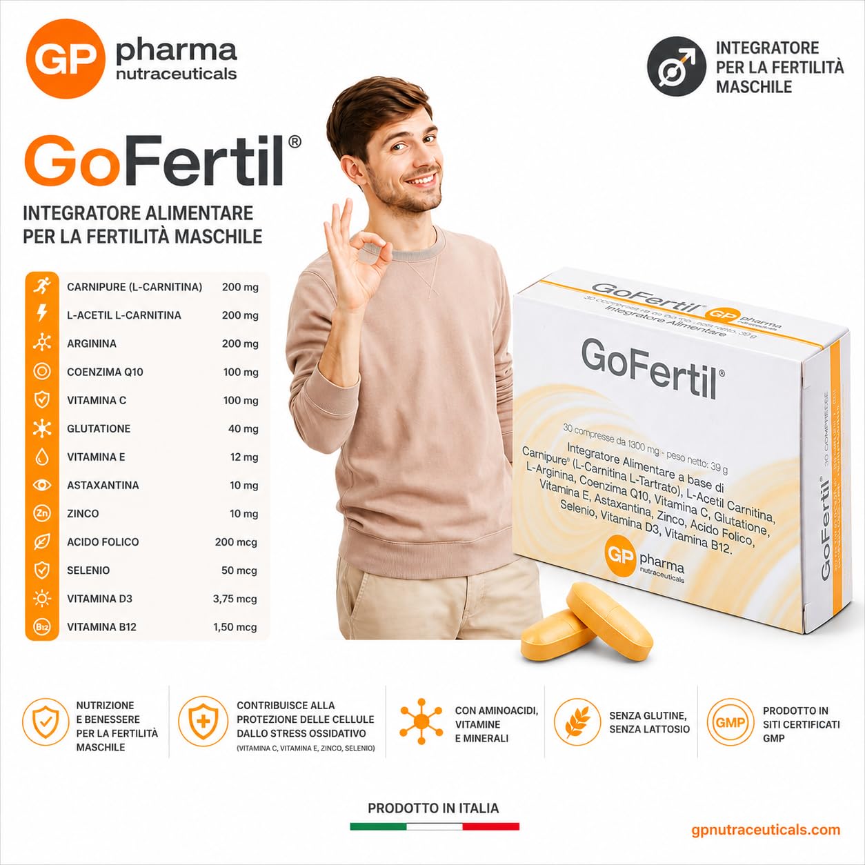 GoFertil® GP Nutraceuticals Integratore Fertilità Maschile, L-Carnitina Carnipure®, Arginina, Coenzima Q10, Zinco, Selenio, Glutatione, Astaxantina, Vitamine C E D3 B12, potenzia la fertilità