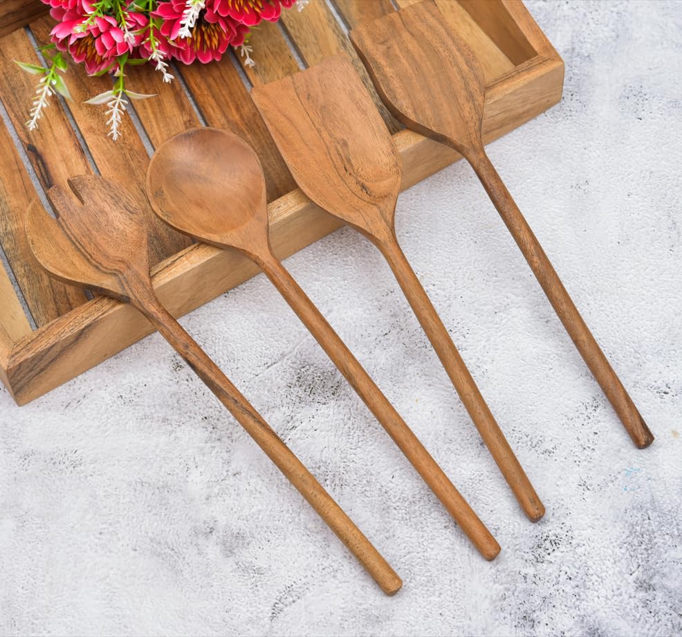 Image of Sanjeev Kapoor by OGGN Acacia Wood Serving & Cooking Spoon Set of 4, Handmade Wooden Spatula Set for Cooking, Non Stick Kitchen Tools, Turner, Ladle, Pasta & Frying Spoon, Natural Cookware
