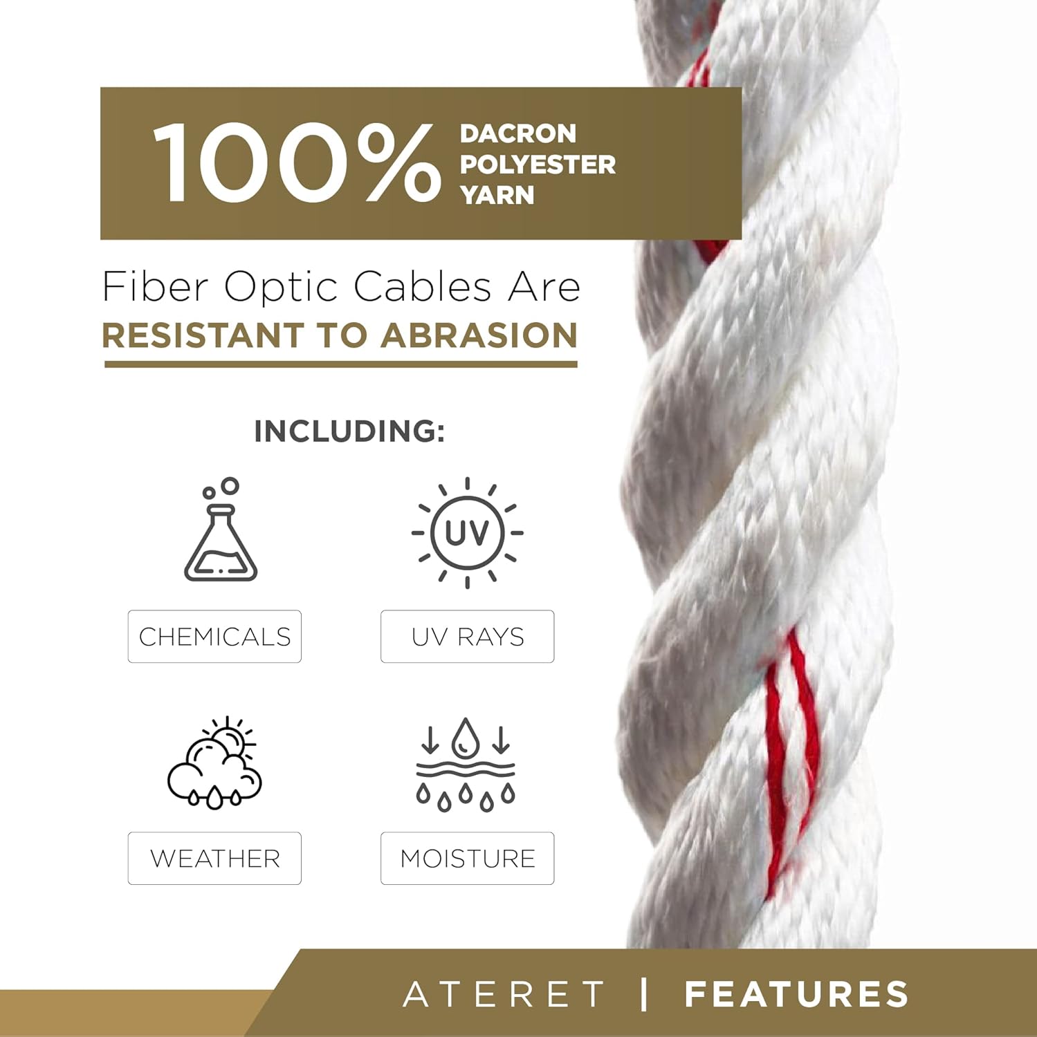 ATERET 1/4 inch by 600 feet Twisted Poly Dacron Rope I 3-Strand w/Polyolefin Core Rope I High Strength Polyester I Multipurpose Bull Rope for Marine, Commercial, Arborist & DIY Projects (1/4" x 600')