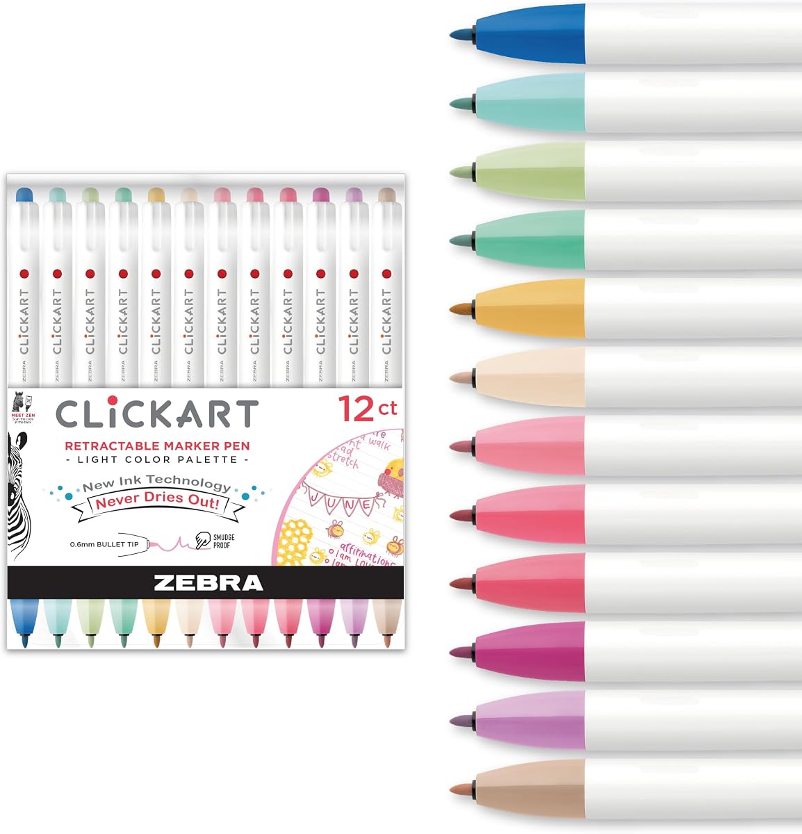 Zebra Pen CLiCKART Rotulador sin sangrado, tinta suave surtida, 0,6 mm, paquete de 12 | Tinta absorbente de humedad resistente al secado, diseño retráctil, punta de punta fina, ideal para escribir diarios y dibujar (69712)