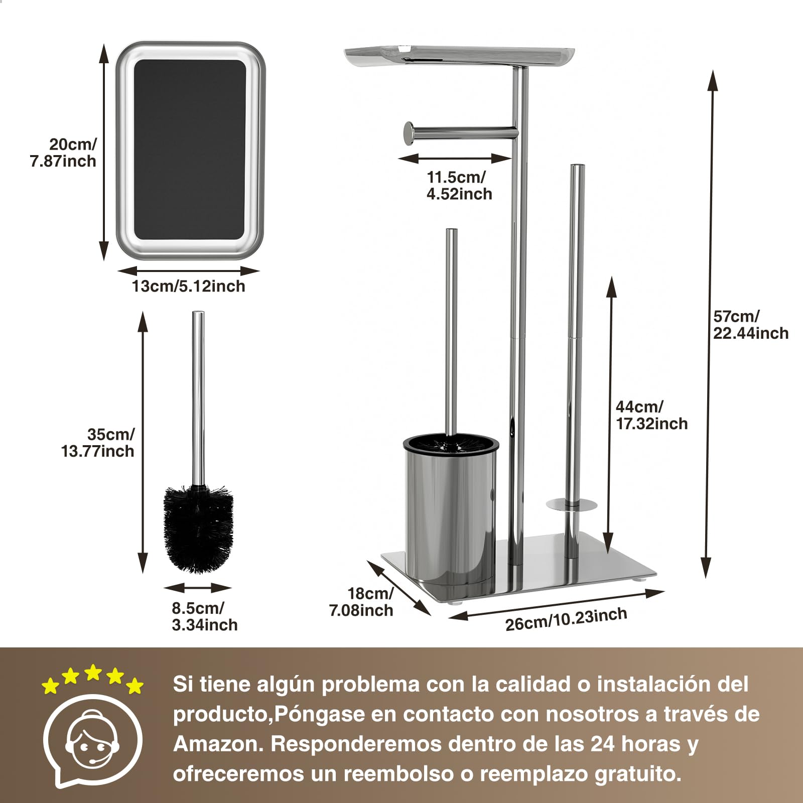Portarrollos de papel higiénico de pie plateado con cepillo – Set WC con escobilla, bandeja y portarrollos