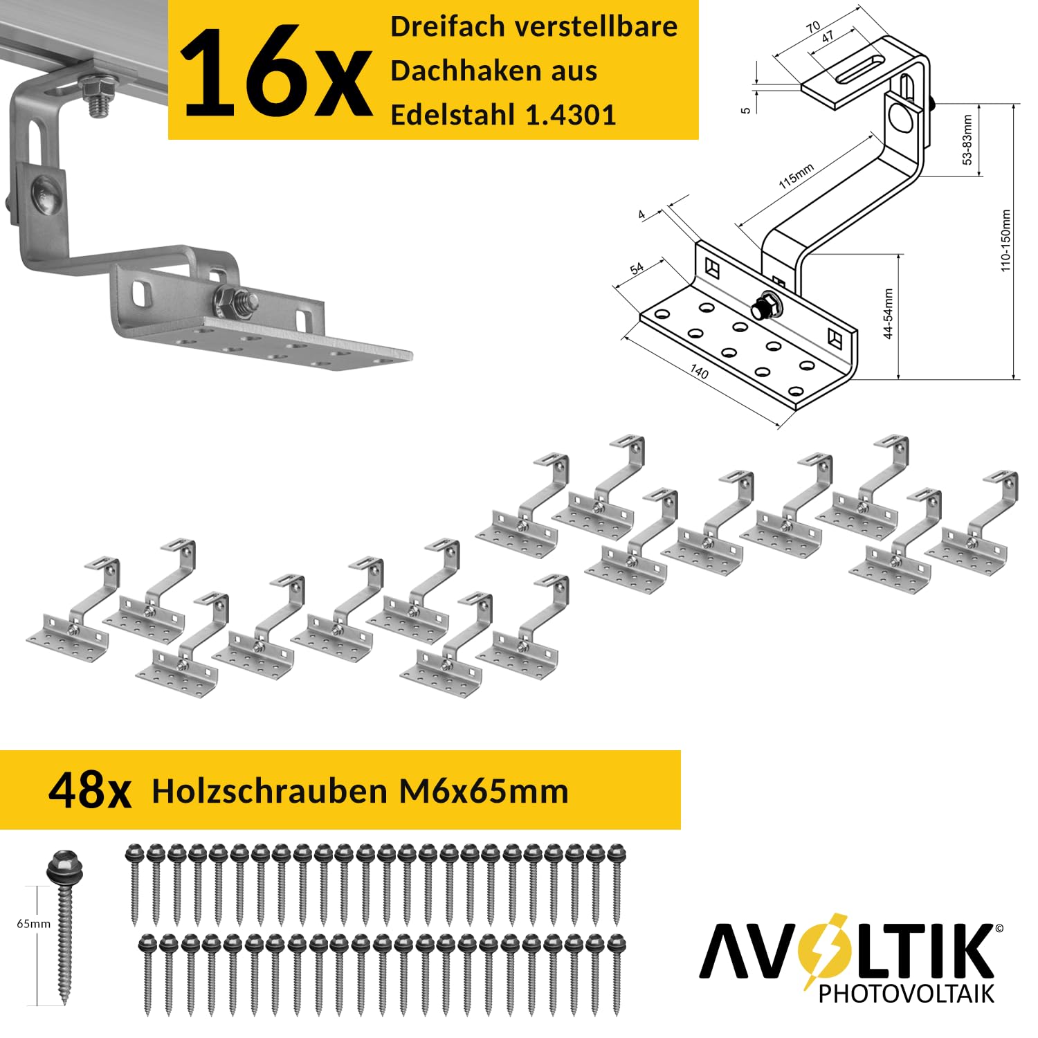 Avoltik Solar Halterung Ziegeldach I Set für 4 PV Module 30-45mm I Solarmodul Halterung Balkonkraftwerk I Solarmodulbefestigungsset für Ziegeldächer aus Edelstahl 1.4301 I PV-Halterung Montageset