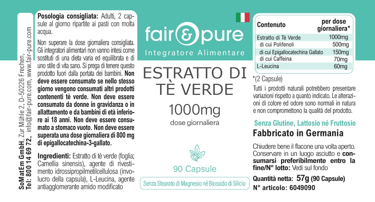 Fair & Pure® - Estratto di tè verde 1000 mg (Camilla sinensis) - 90 capsule - 50% polifenoli (tra cui EGCG) - vegano - senza magnesio stearato