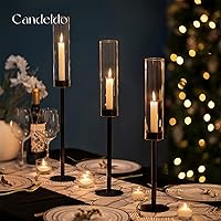 Vista 2 de Candlestick Candle Holder Black Hurricane: Candeldo Taper Candle Holders Glass Table Centerpiece Set of 3 Fireplace Candles Stand Modern Decoration