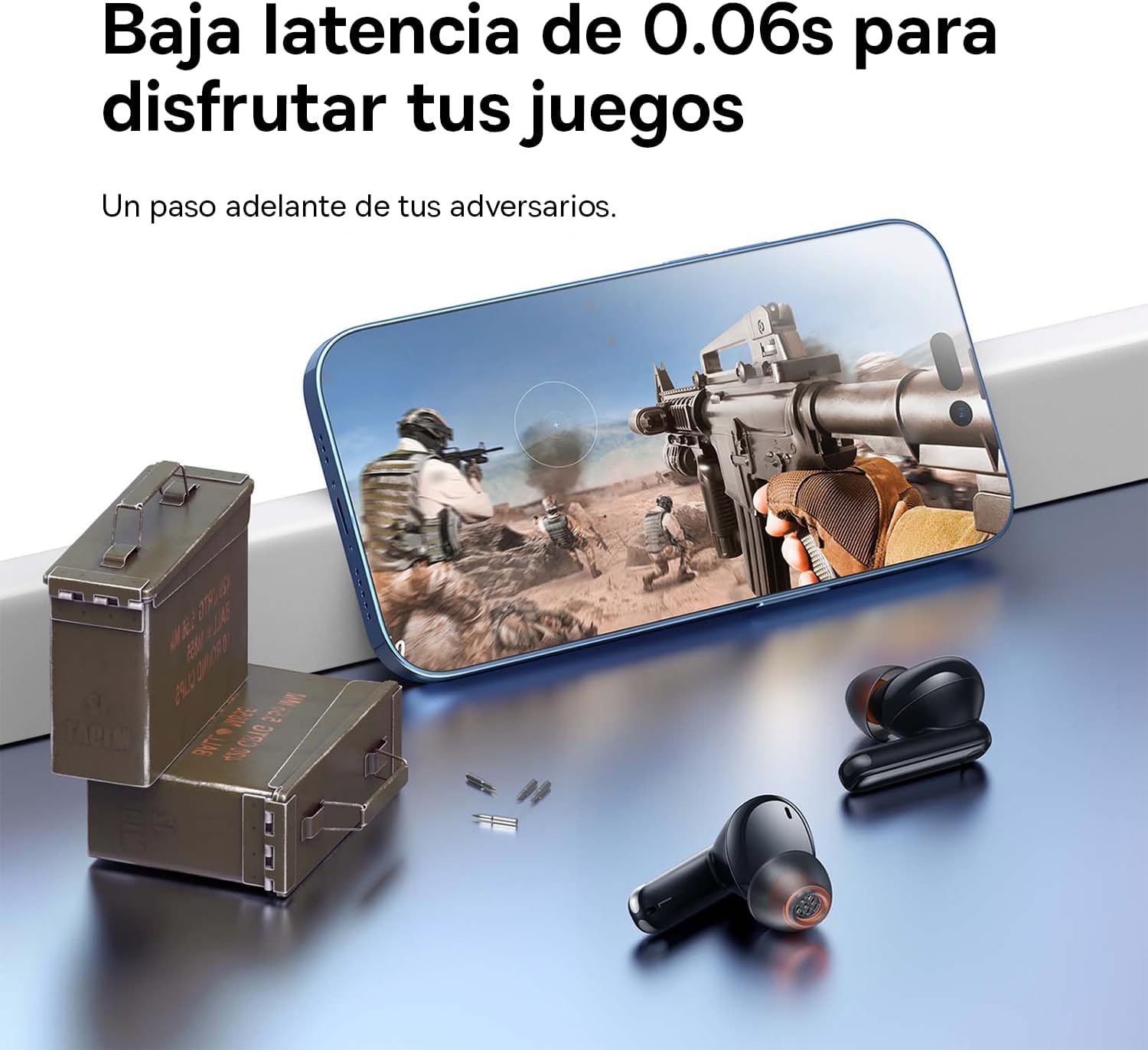 Baseus Bowie MZ10 earphones next to a smartphone displaying a first-person shooter game, indicating low latency.