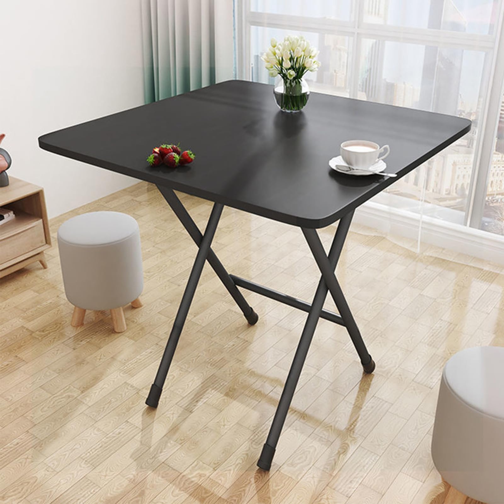 Table TV carrée pliable 60 x 60 x 70 cm pour 2 à 4 personnes, table pliante d'extérieur en panneau MDF solide, table de cuisine peu encombrante avec 1,2 m noir