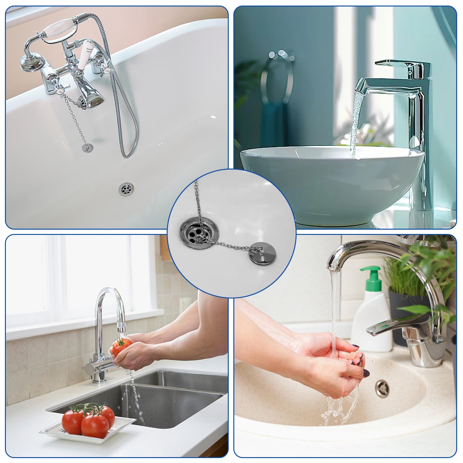 Tapón de Lavabo Universal, 2 Tapones de Drenaje Tapón Fregadero Ø 42-46mm Tapón de Bañera con Cadena de Acero Inoxidable Desagües Estándar Tapones Universales para Lavabo Lavabo Cocina Bañera Baño