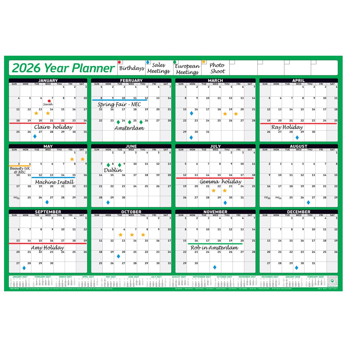 PlannerHead 2026 Grid Style Unmounted & Unlaminated Wall Planner Calendar Chart Poster 12 Months/Yearly Calendar 2026/2027 Footnote/Flexible for Any Country/Green Gigantic (90x135cm)