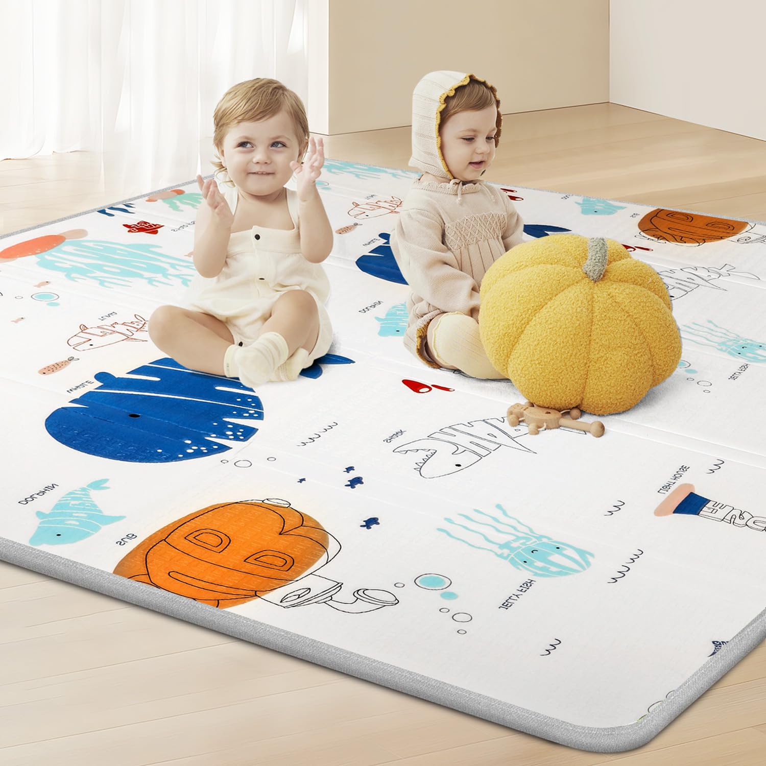 71“x79”x0.8" Extra Large Thickness Foldable Foam Baby Play Mat, Double Sided Baby Floor Play Mat for Babies and Toddlers, Infants, Waterproof Baby Crawling Mat (Ocean)