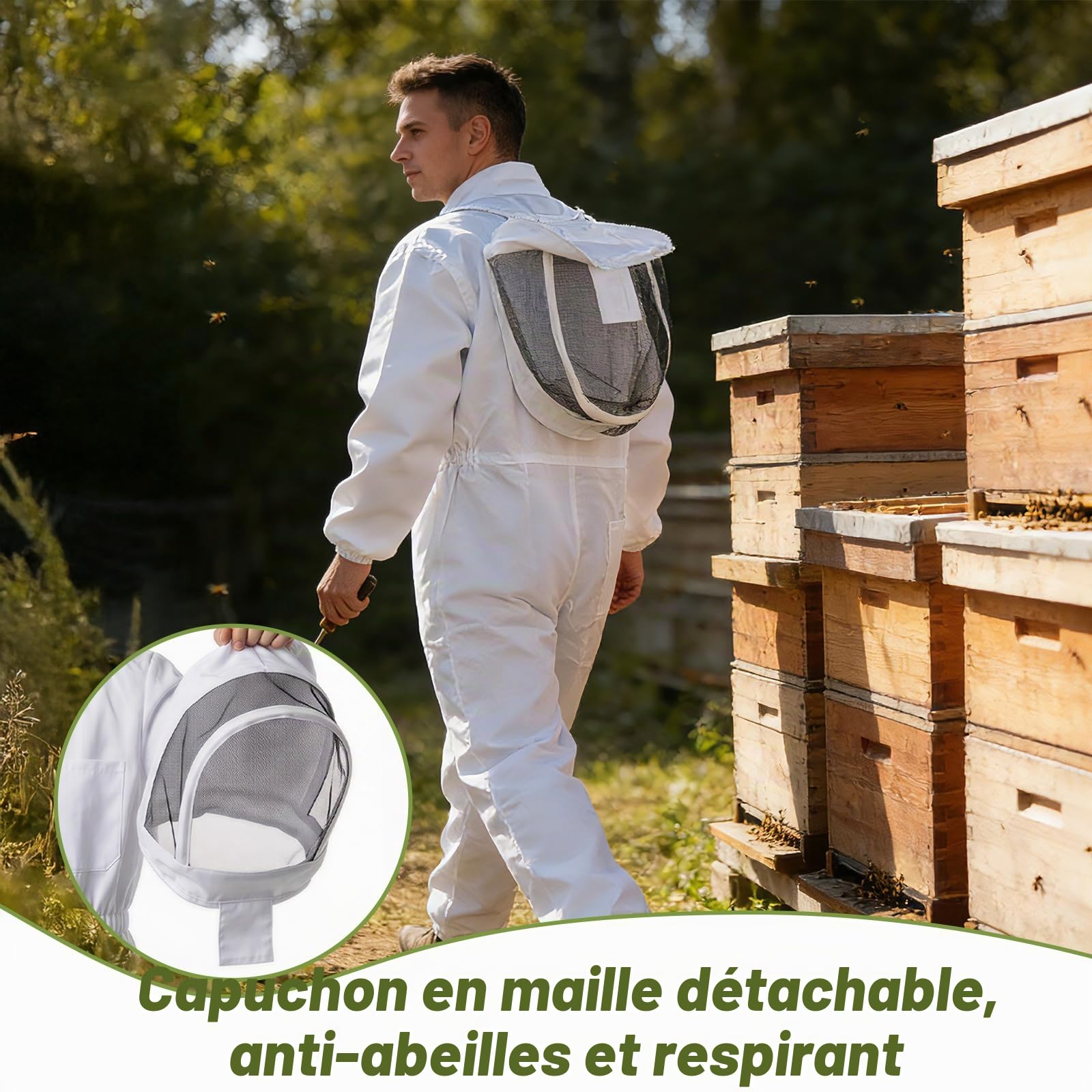 Combinaison d'apiculture - Vêtement de protection complet avec voile, capuche, gants, protection pour le jardin et l'apiculture (XXL)