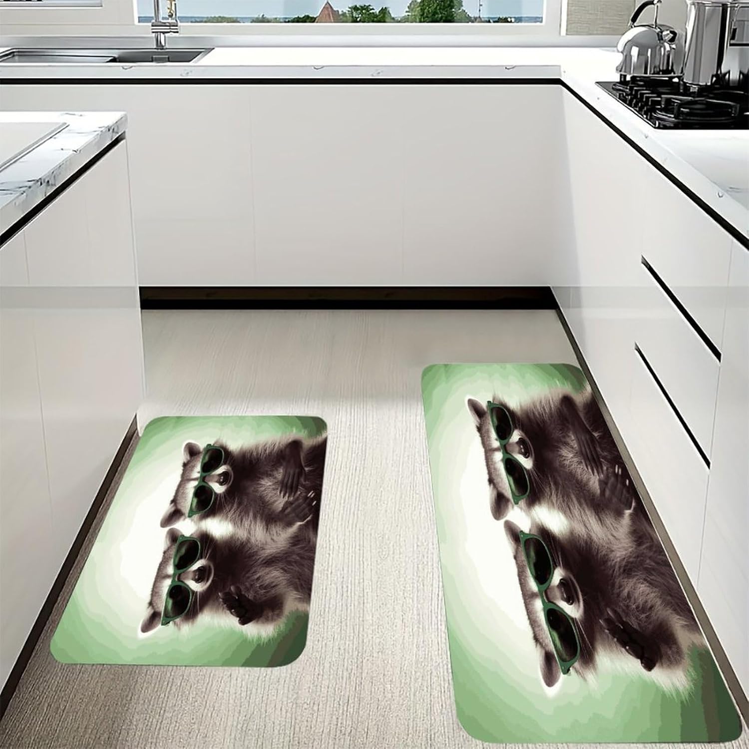 Funny Raccoon Green Sunglasses Kitchen Mats with 2PCS Non-Slip Washable,Kitchen Rug Heavy Duty Durable, Floor Mats for Kitchen,Office,Sink,Laundry
