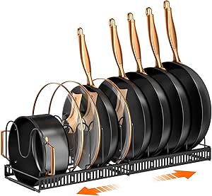 MUDEELA Expandable Pots and Pans Organizer Rack for Under Cabinet, 11.81''-22.85'', with 10 Adjustable Compartments