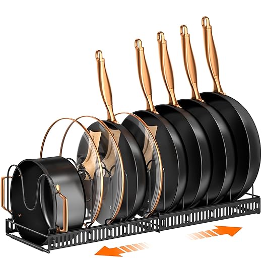 MUDEELA Pots and Pans Organizer Rack for under Cabinet, Expandable 11.81''-22.85'' Pot Lid Kitchen Cabinet Organizer Holder with 10 Adjustable Compartment Cutting Board Organizer for Pan Lid, Bakeware