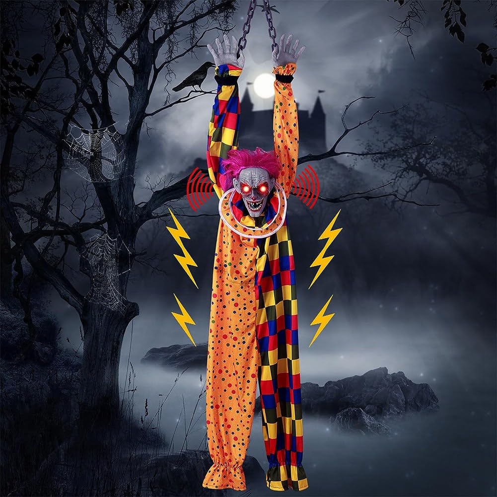 5,6 Fuß Animierter, Sprechender und SchüTtelnder Gruseliger Halloween-Clown zum AufhäNgen mit Kette, BerüHrungsaktiviert für Halloween-Dekoration